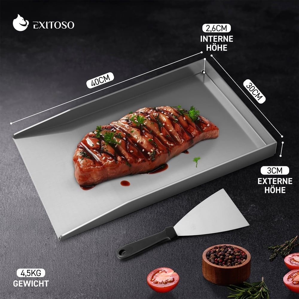Exitoso Grillplatte Plancha Grillplatte spülmaschinenfest, Steak Gemüse Speisen gleichmäßig garen, rostfreies Edelstahl