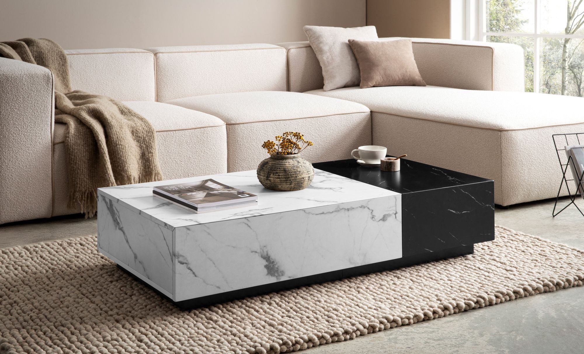 FINEBUY Couchtisch FB107248 Sofatisch Weiß 120 cm Marmoroptik Wohnzimmertis günstig online kaufen