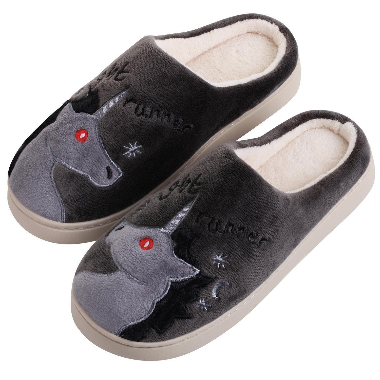 Katara Tier Pantoffeln Gr. 34-41 (Einhorn, Katze, Hase) Plüsch Hausschuhe Hausschuhe, weich, warm, süß, kuschelig, Plüsch Einhorn (Schwarz)