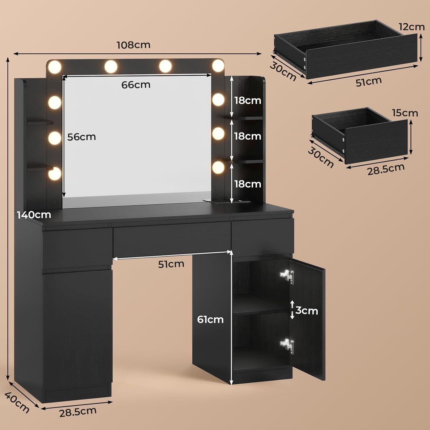MSMASK Schminktisch mit LED-Beleuchtung, 3 Schubladen, Steckdosen & dimmbar günstig online kaufen