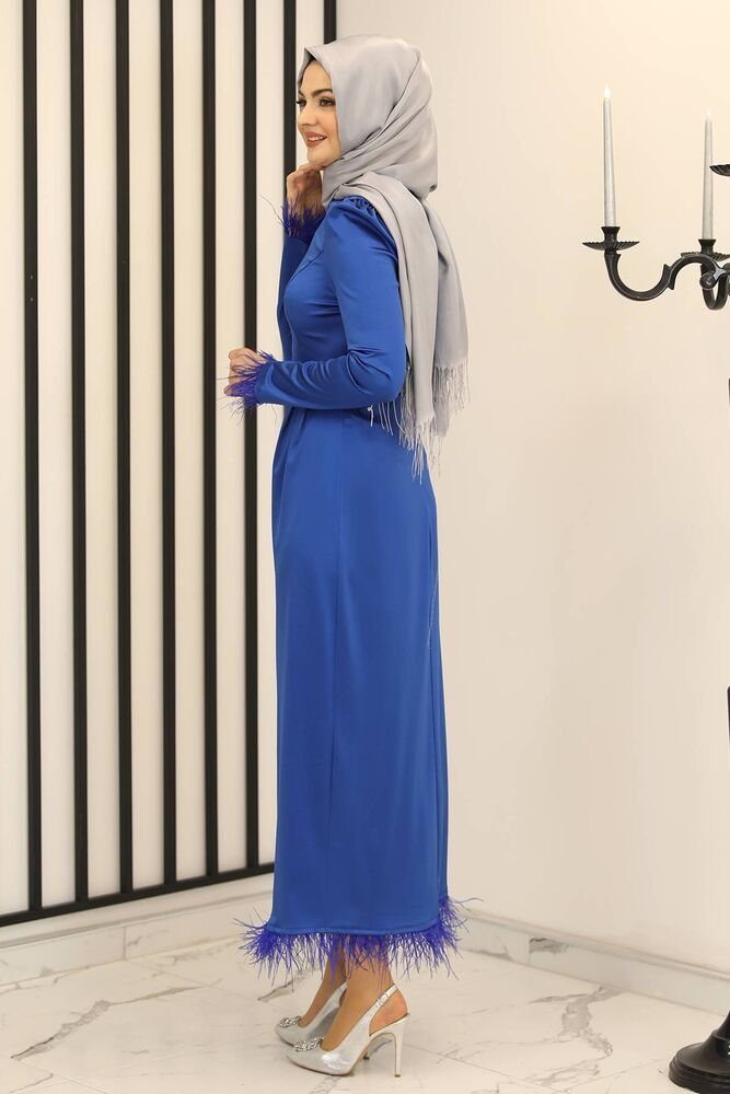Damen Fashion Modavitrini Blau Kleid Satin Satin Abiye Abaya Abendkleid Satinkleid Hijab Modest glänzend