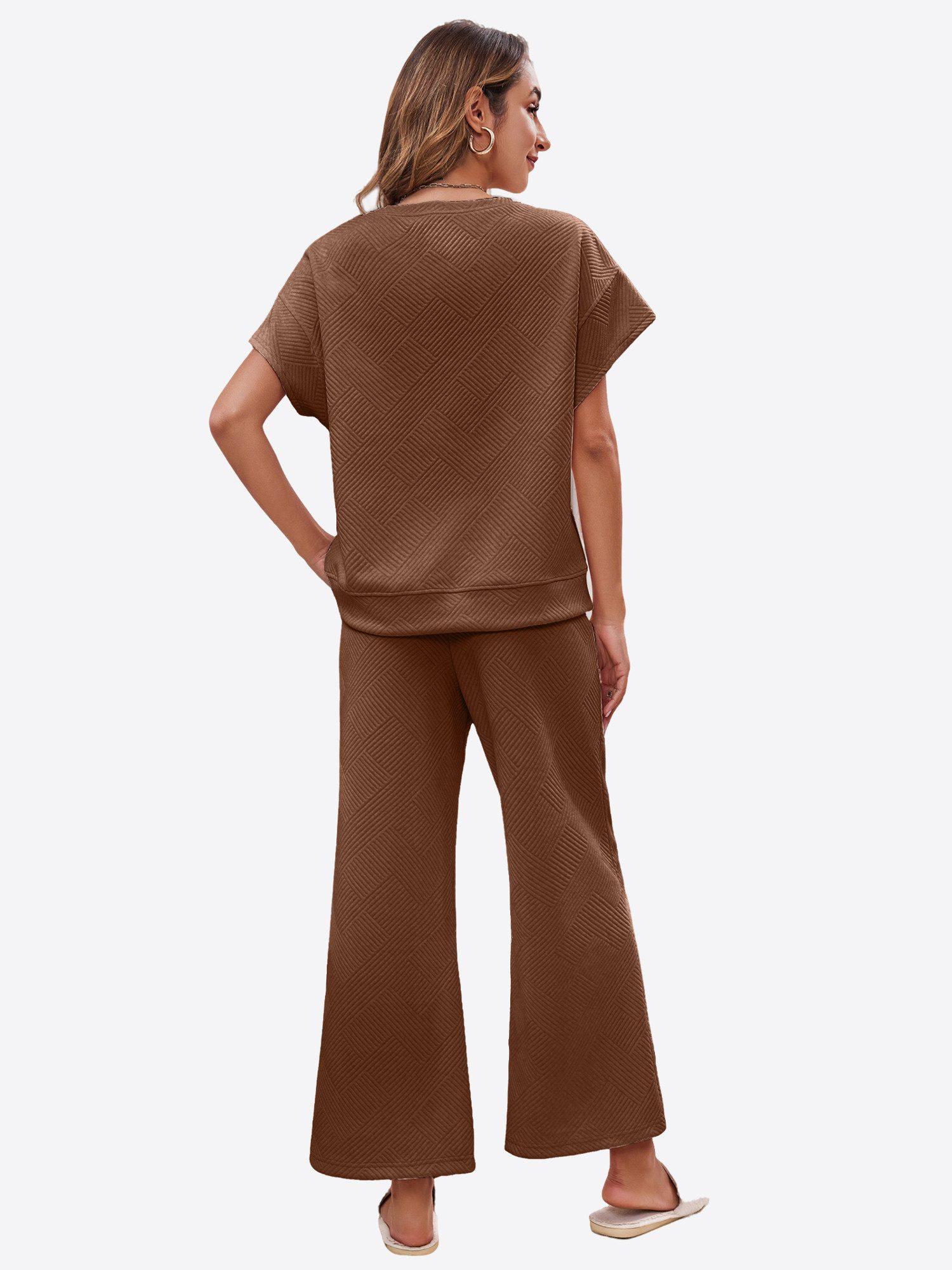 Imily Bela Hausanzug Damen Loungewear-Sets (Set, 1 tlg., Kurzarmtops + Cropped-Hosen mit weitem Bein) einfarbig – Bild 3 von 5