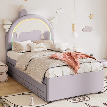 HAUSS SPLOE Kinderbett 90 x 200cm Einhornform, mit ausziehbares Rollbett, PU-Material, Lila (90*200cm), ohne Matratze