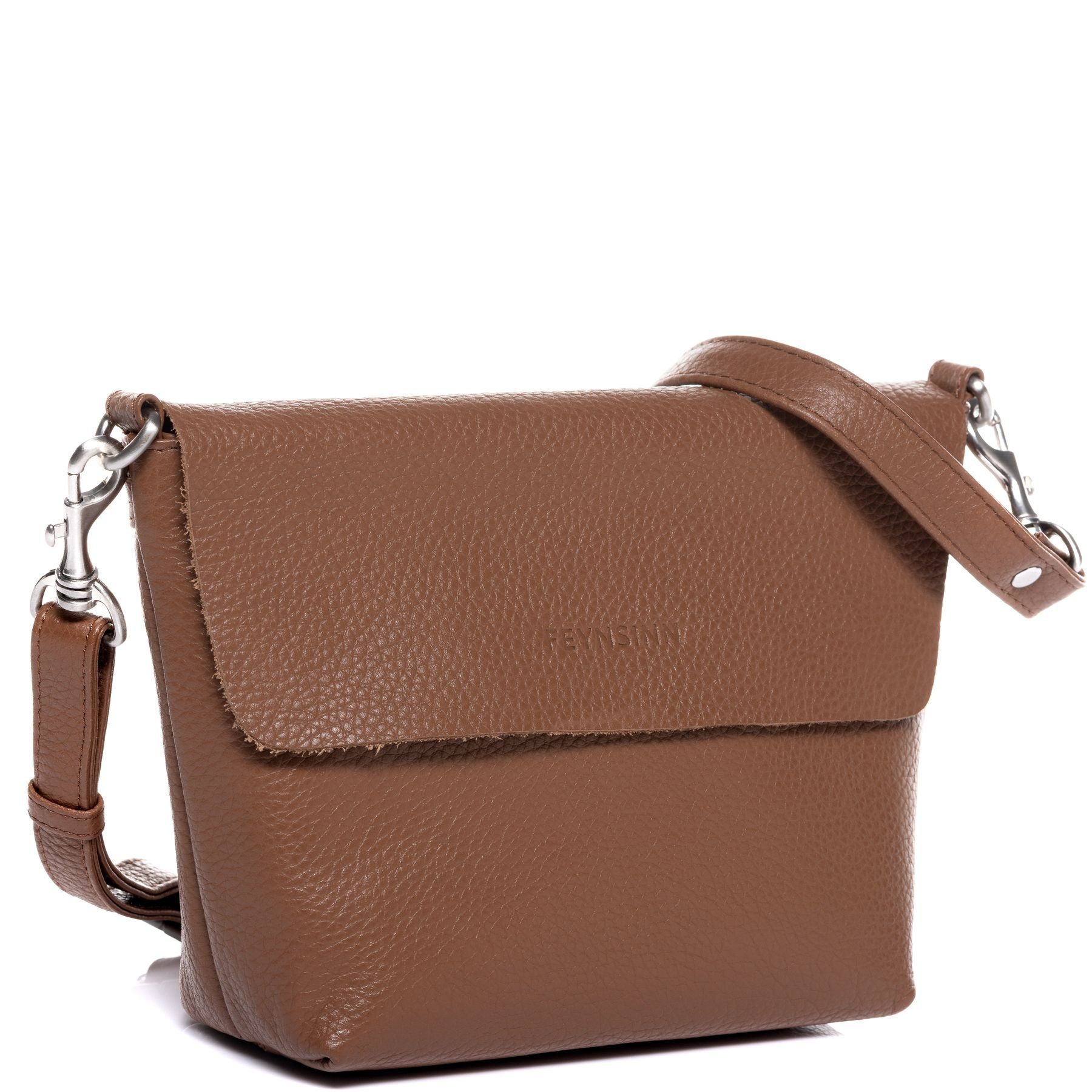 FEYNSINN Umhängetasche echt Leder Umhängetasche groß tobacco LIVA, Schultertasche Echtleder Damen, Crossbody Bag klein hellbraun-cognac
