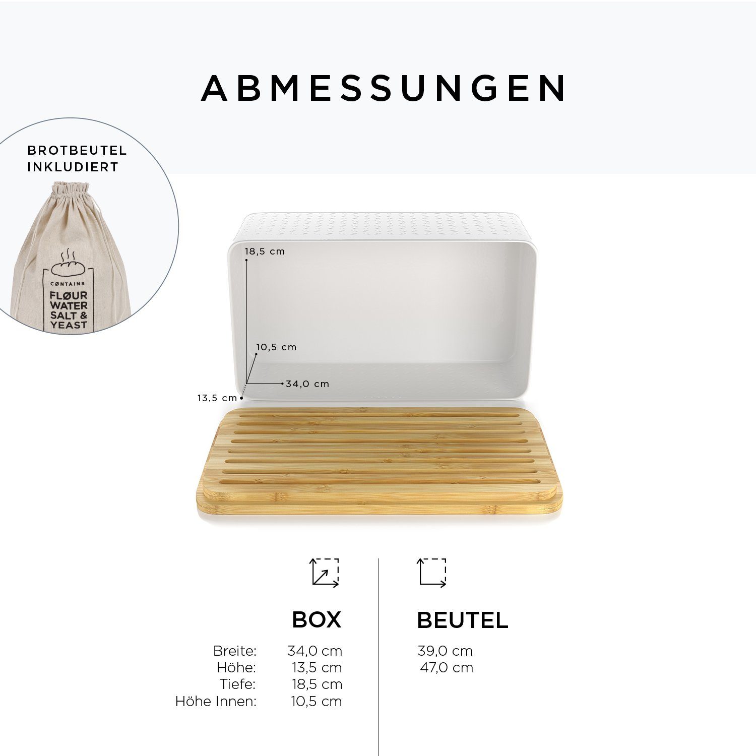 White Brotsack NYSØM Bambusschneidebrett Glæde, 18/8 Brotkasten und Metallbrotbox LARS mit Edelstahl,