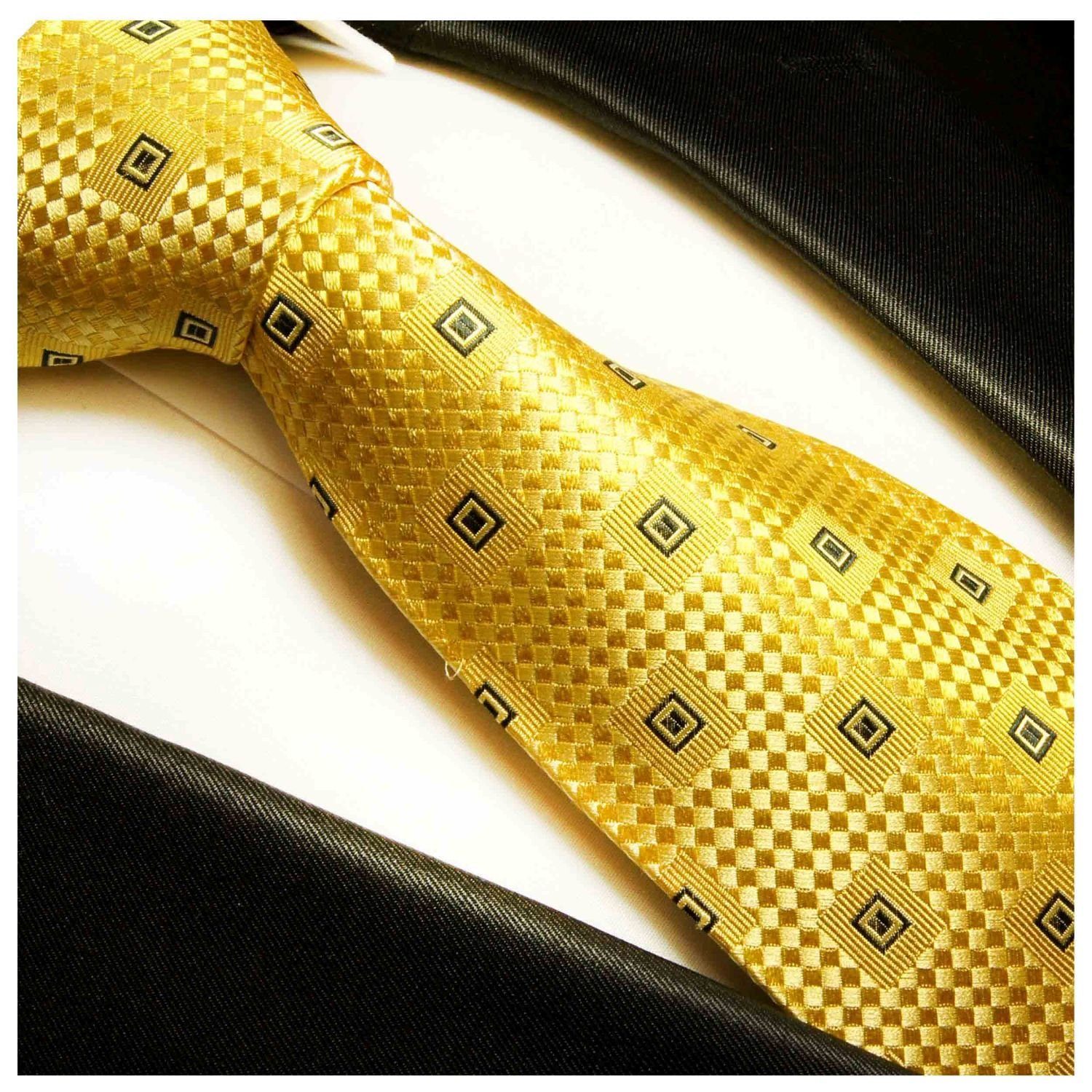 Paul Malone und 100% Einstecktuch) kariert Tuch Schmal Herren 461 (6cm), modern (Set, 2-St., Seide mit Krawatte gold Krawatte Seidenkrawatte