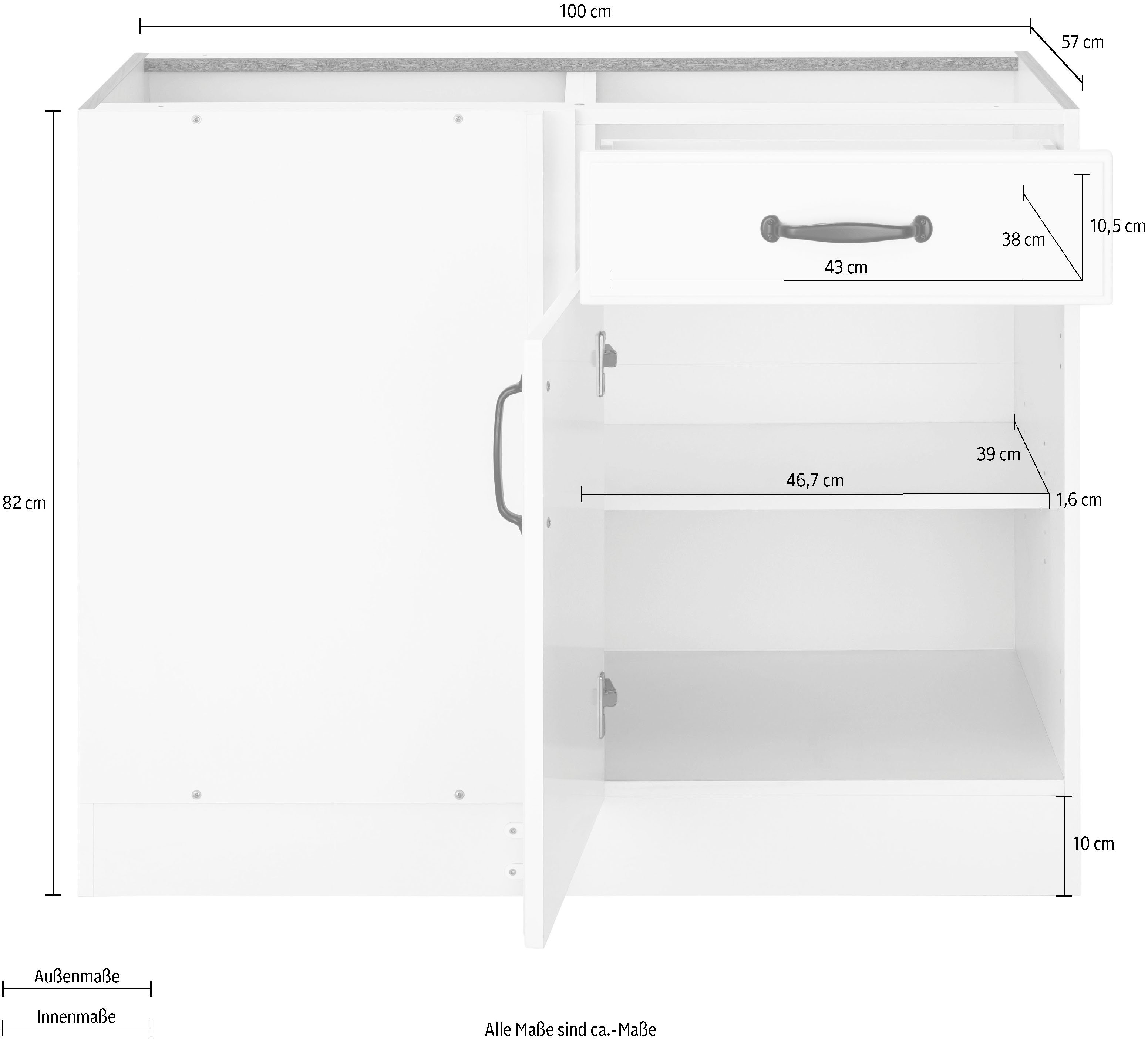 wiho Küchen Planungsmaß cm | Eckunterschrank 100 breit, Erla Weiß ohne 110 Weiß/Weiß Kassettenfront, cm, Arbeitsplatte