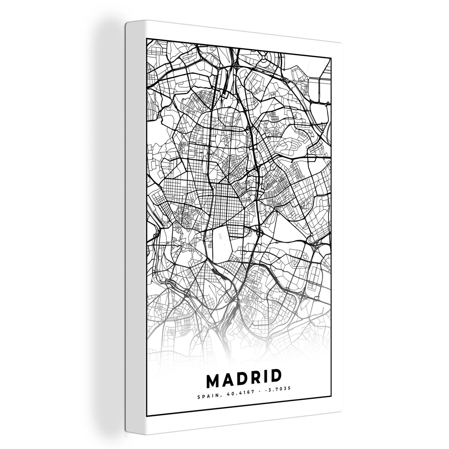 OneMillionCanvasses® Leinwandbild Madrid - Schwarz und weiß - Stadtplan - Karte, (1 St), Leinwandbild fertig bespannt inkl. Zackenaufhänger, Gemälde, 20x30 cm