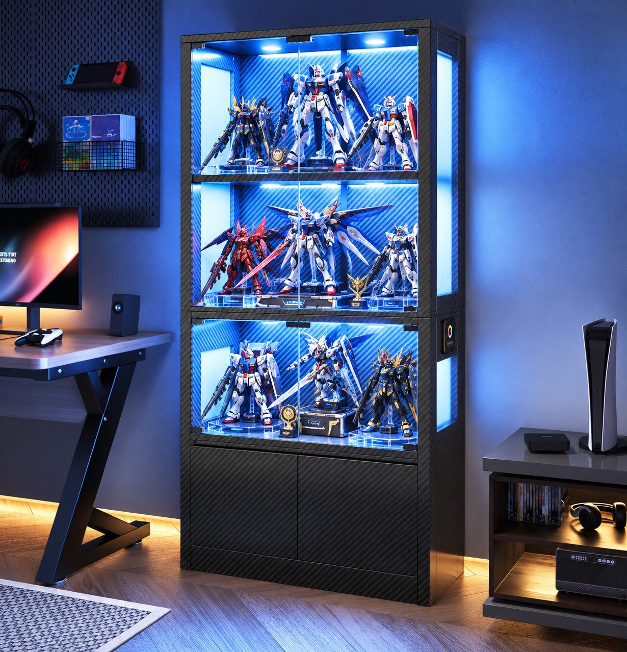 Patbrela Stauraumvitrine mit RGB-LED & Bewegungssensor mit Glastüren, herausnehmbaren Einlegeböden & Stauraum, 73×30×160 cm