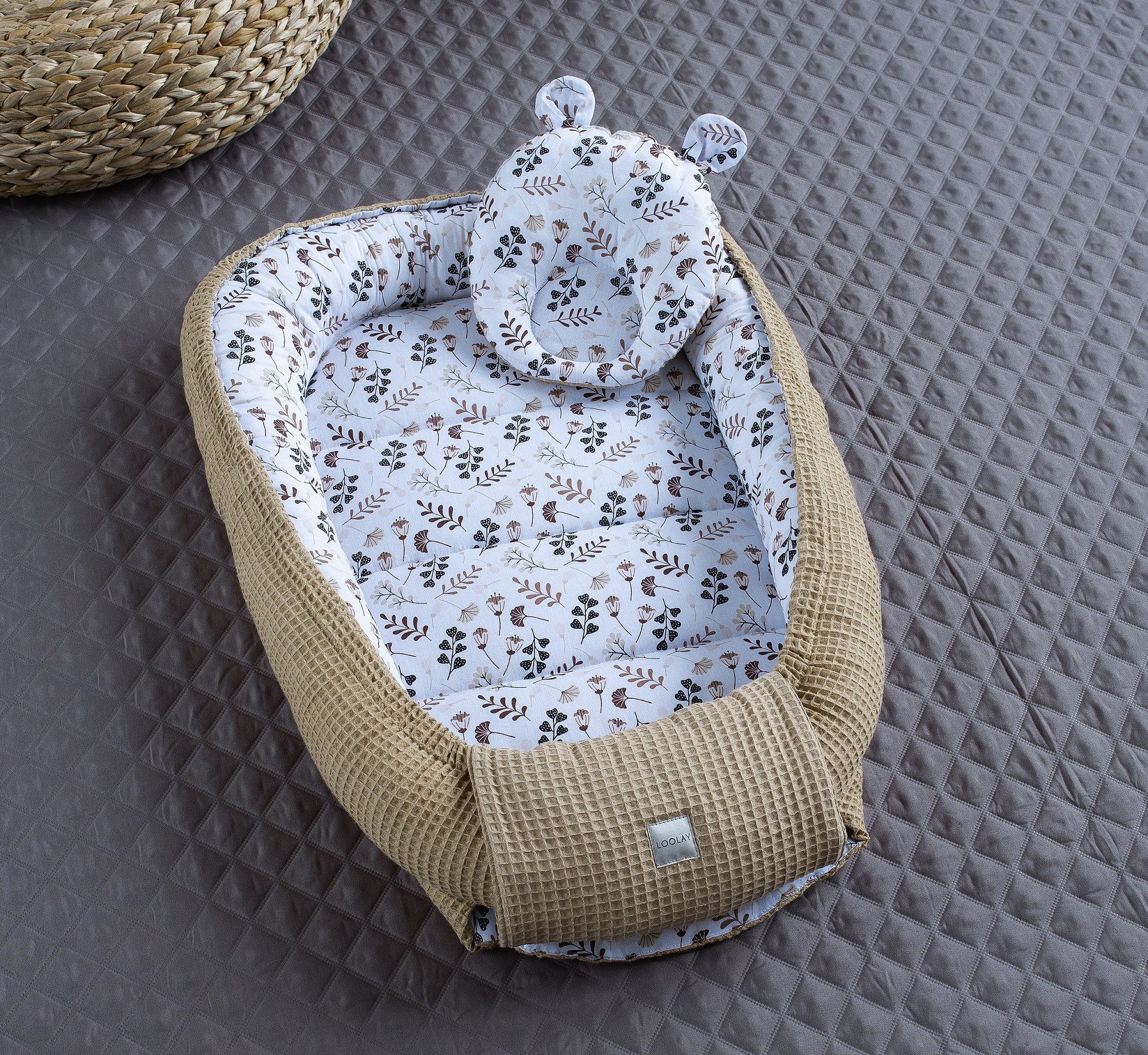 Loolay Bettnestchen Taupe WAFFELPIQUE/ BLUMEN Braun Babynest Babyausstattun günstig online kaufen