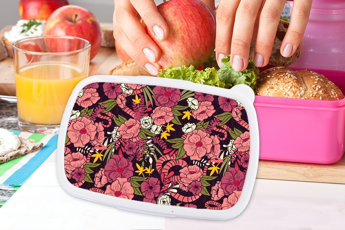 Brotdose Kinder, Kunststoff Dschungel Snackbox, Kunststoff, für - rosa Muster, (2-tlg), Blumen Brotbox - MuchoWow Erwachsene, Mädchen, Lunchbox