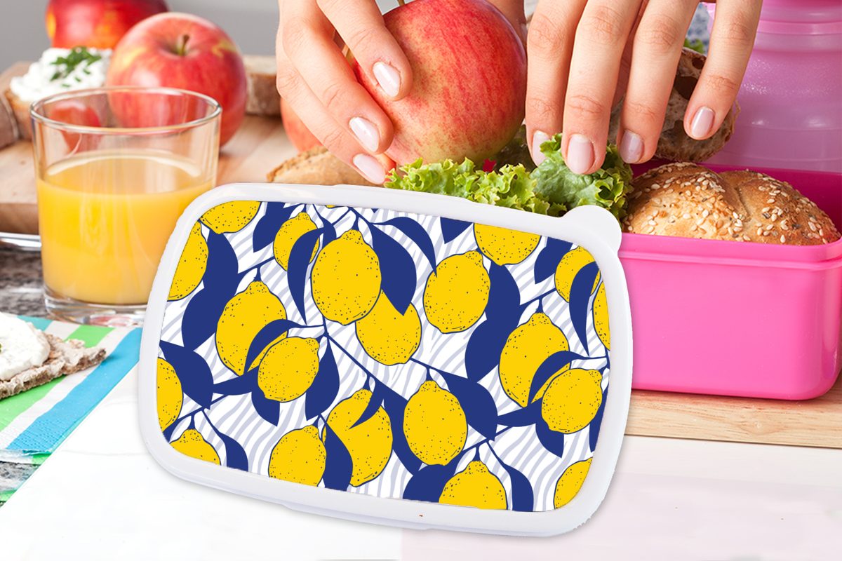 MuchoWow Lunchbox Zitrone - Zebra - Kunststoff, - Kunststoff Brotdose für Kinder, Erwachsene, Brotbox (2-tlg), Snackbox, Mädchen, Muster, Obst rosa