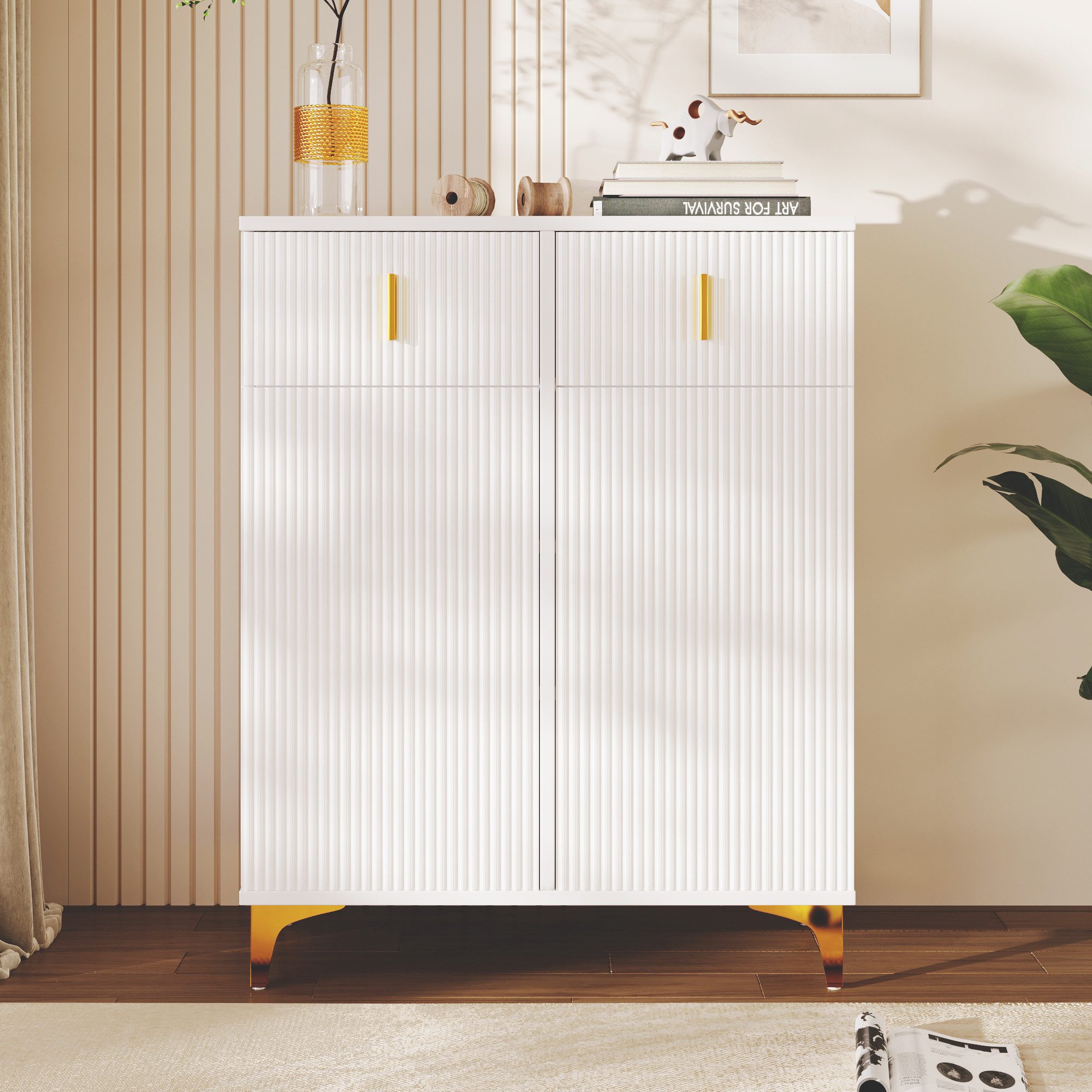 REDOM Sideboard Kommode Schrank mit strukturierte Türen (Eckschrank, Buffet, 1 St., mit 2 Schubladen und 2 Türen), mit verstellbaren Einlegeböden gedämpfte Scharniere