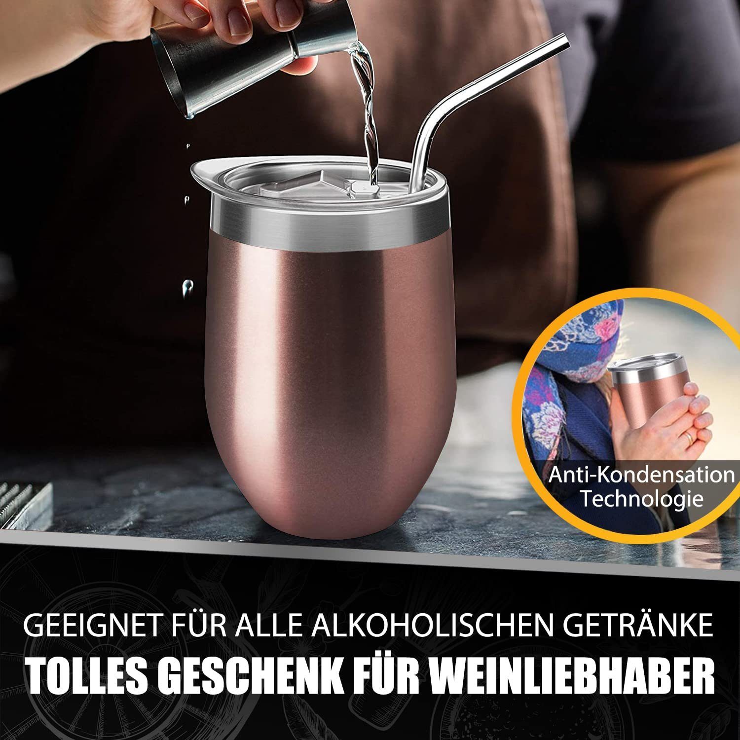 Glas, Stück mit und GelldG 2 Weinbecher Roségold+schwarz Strohhalmpinsel Edelstahl, Deckel Becher