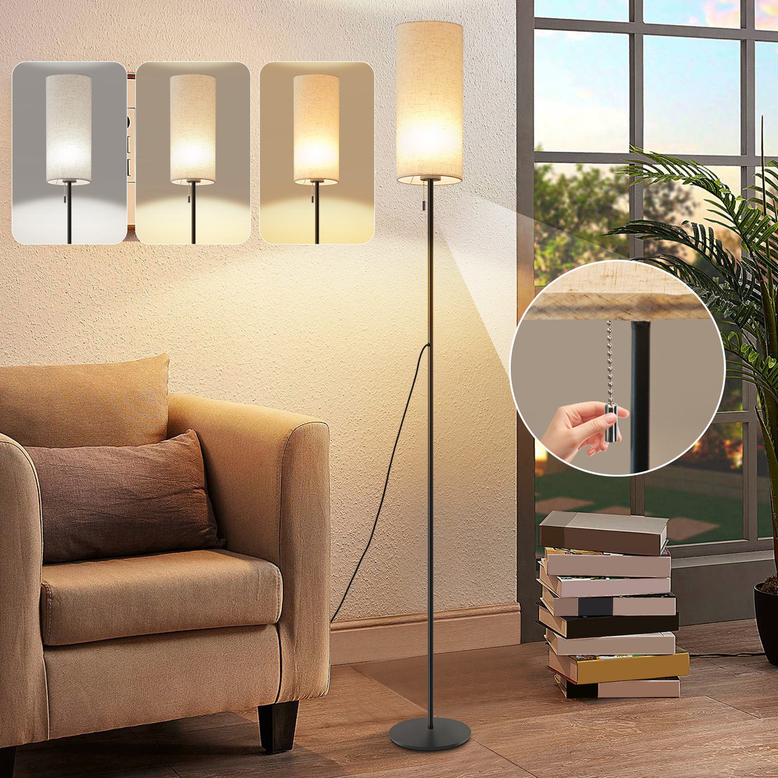 ZMH LED Stehlampe Dimmbar Retro Standleuchte Stoffschirm Wohnzimmer mit Seilzugschalter, Augenschutz, Einfache Installtion, Beige Lampenschirm Retro Stoff Leselampe für Schlafzimmer