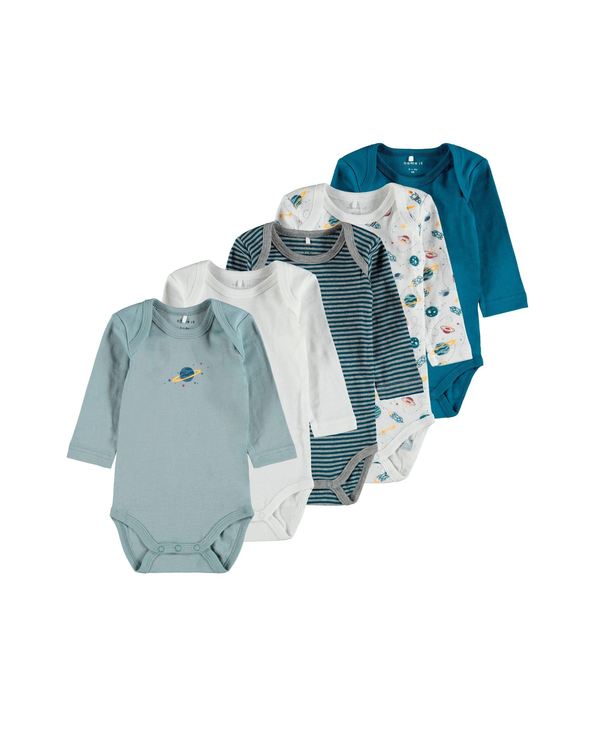 Name It Langarmbody Name It Unisex Baby Bodys langärmelig im 5er-Pack (Packung, 1-tlg) mit Druckknöpfen im Schritt, ohne kratzige Halsetiketten