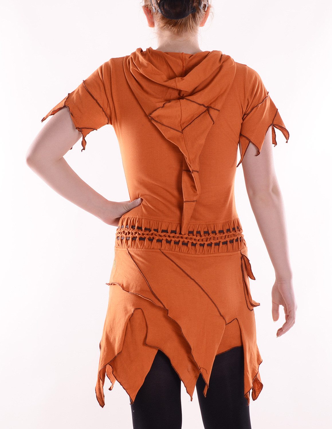 Vishes Zipfelkleid Kurzarm-Kleid Damen Kapuze Patchwork Jersey Baumwolle Alternative Mode, Boho, Hippie, Ethno, Festival