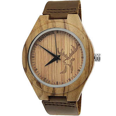 Holzwerk Quarzuhr HIRSCHBERG Damen & Herren Leder & Holz Uhr mit Hirsch Logo, braun
