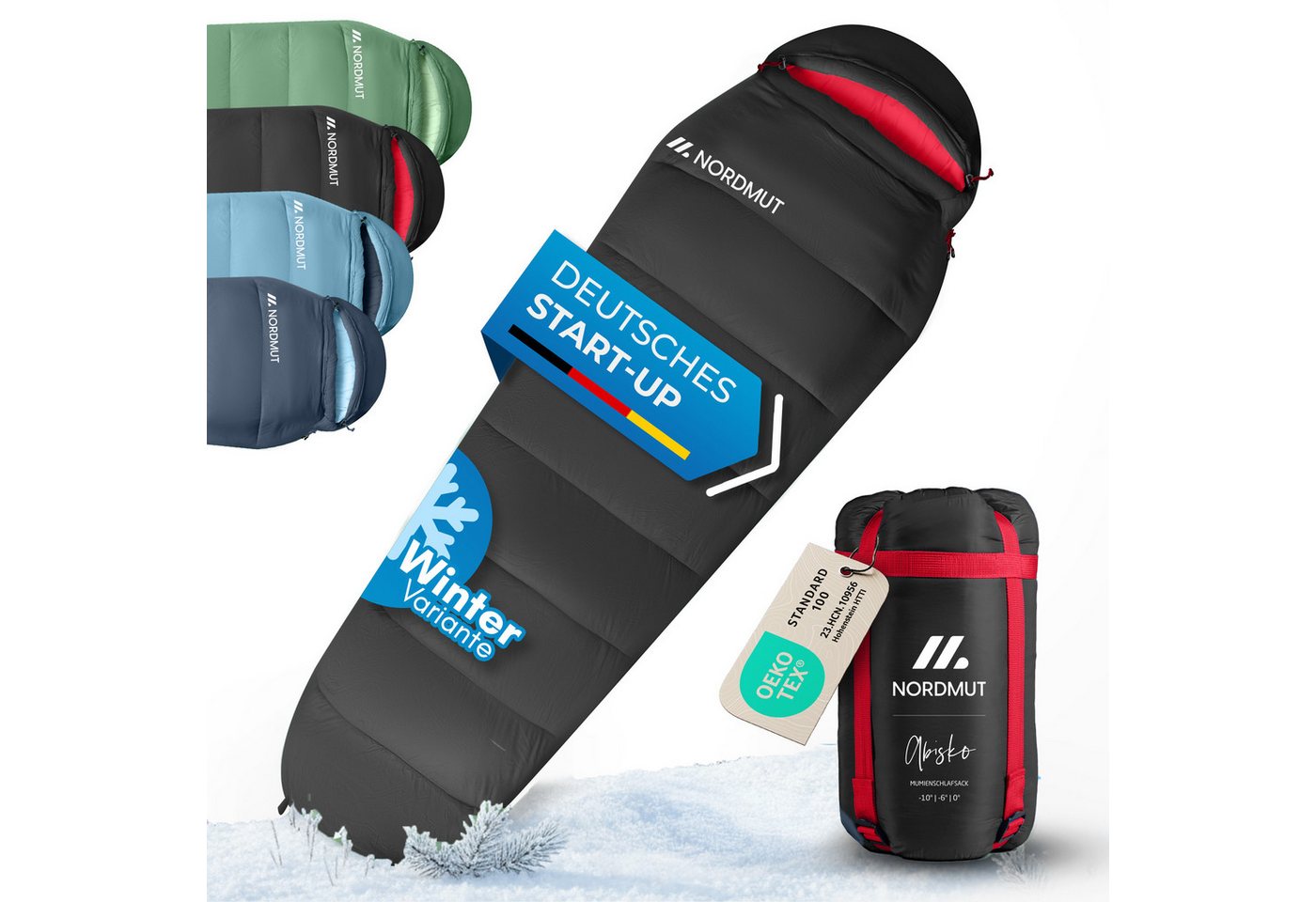 Nordmut Schlafsack Winterschlafsack Erwachsene -10°C atmungsaktiv 2-Wege-Reißverschluss (Outdoor Schlafsack wasserabweisend & atmungsaktiv, Camping Schlafsack mit YKK 2 Wege Reißverschluss), Mumienschlafsack mit Hollow Fiber Füllung bis −10 °C