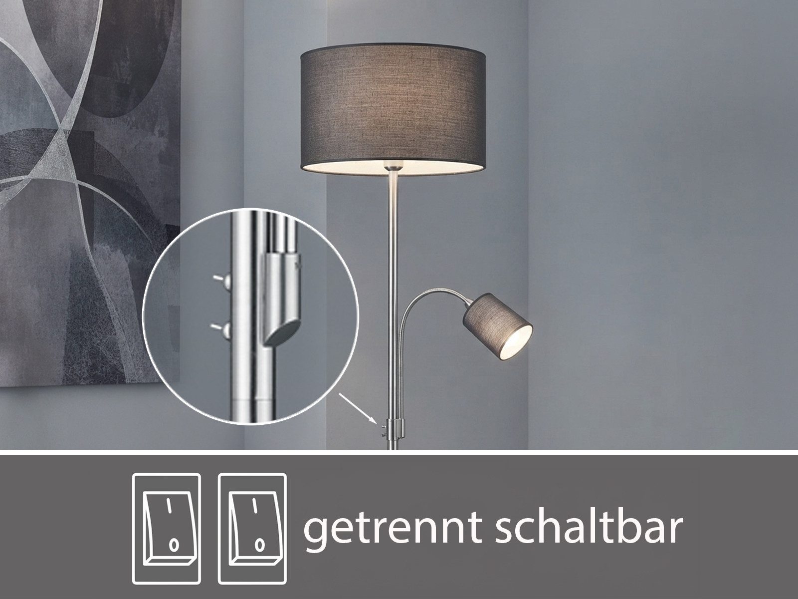 TRIO Leuchten LED Stehlampe mit Leselampe & Stoffschirm Höhe 170cm, dimmbar, LED wechselbar, Warmweiß, Designklassiker Steh-Leuchte groß für Lese-Ecke stehend – Bild 4 von 5
