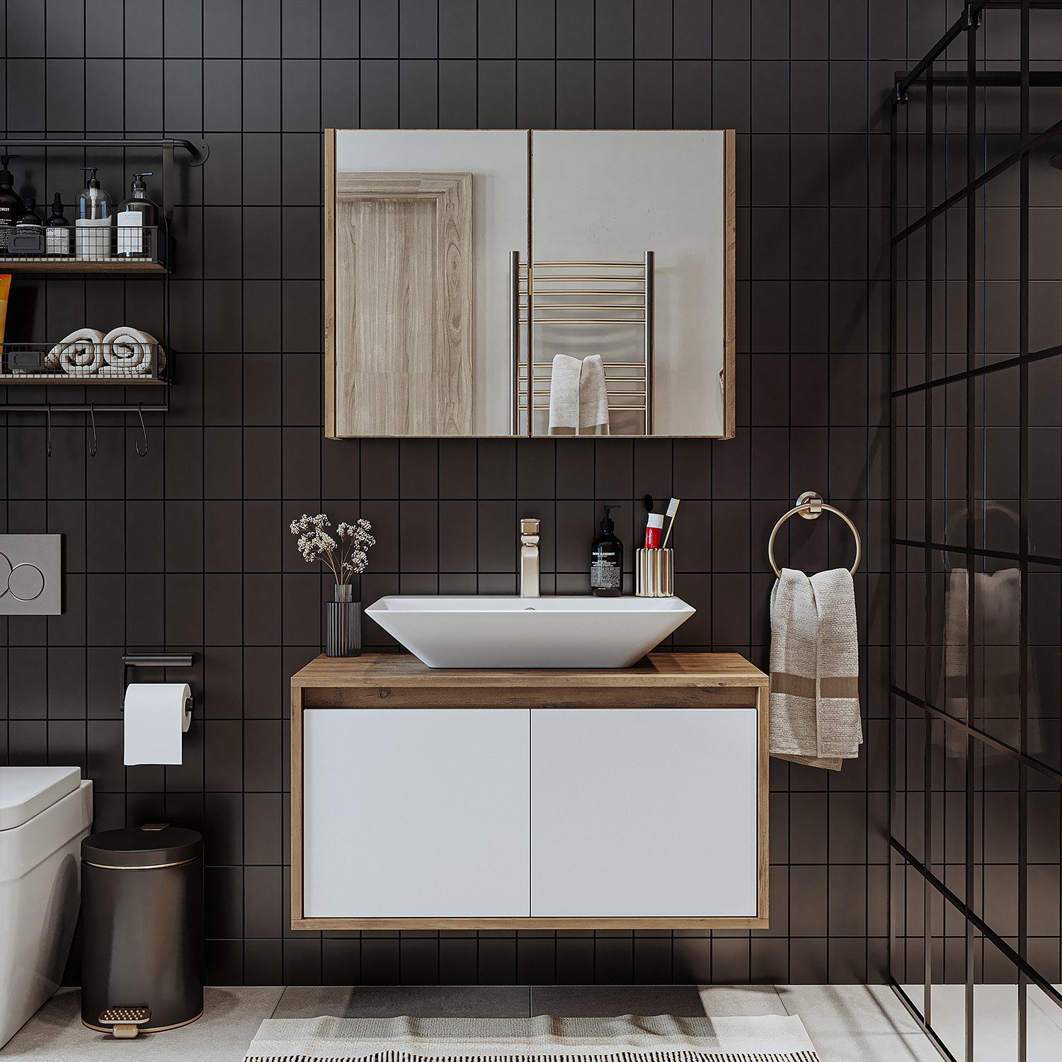 Roomart Badmöbel-Set ATLANTIC Waschtisch + Spiegelschrank + Keramik-Aufsatzwaschbecken, (ATLANTIC – Unterschrank + Spiegelschrank + Waschbecken), feuchtigkeitsb – Bild 4 von 5