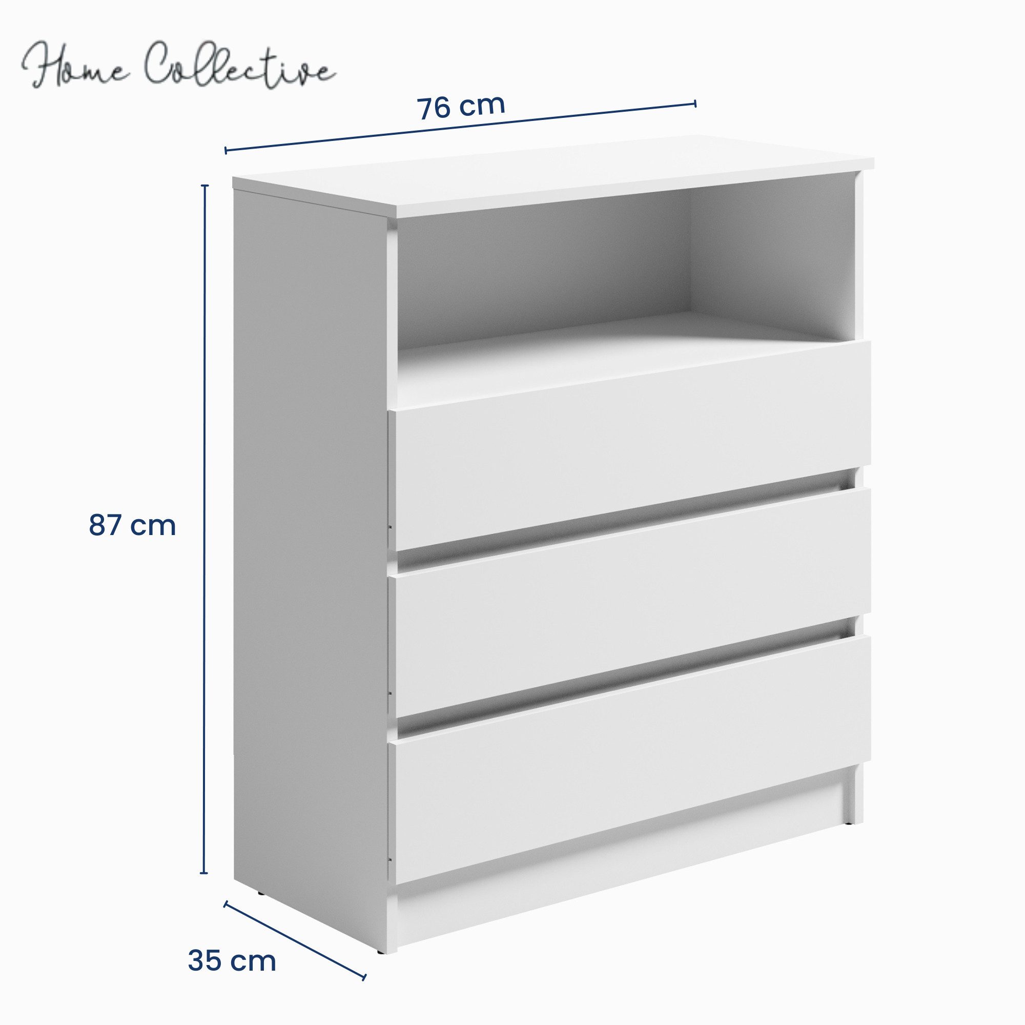 Home Collective Kommode Sideboard mit 3 Schubladen u. offenem Fach Schubladenschrank (Highboard Anrichte Schlafzimmer Wohnzimmer Flur Büro Organizer), Kommode 76 cm breit 3 Schubladen & 1 offenes Fach, weiß