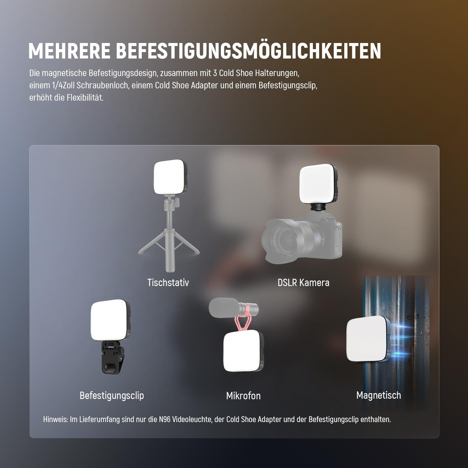 Neewer Videoleuchte N96 Magnetisches LED Videolicht 96 LEDs, 3000K-9000K, 2000mAh, zweifarbig Clip On Videoleuchte für Videoaufnahme Selfie Licht – Bild 5 von 5