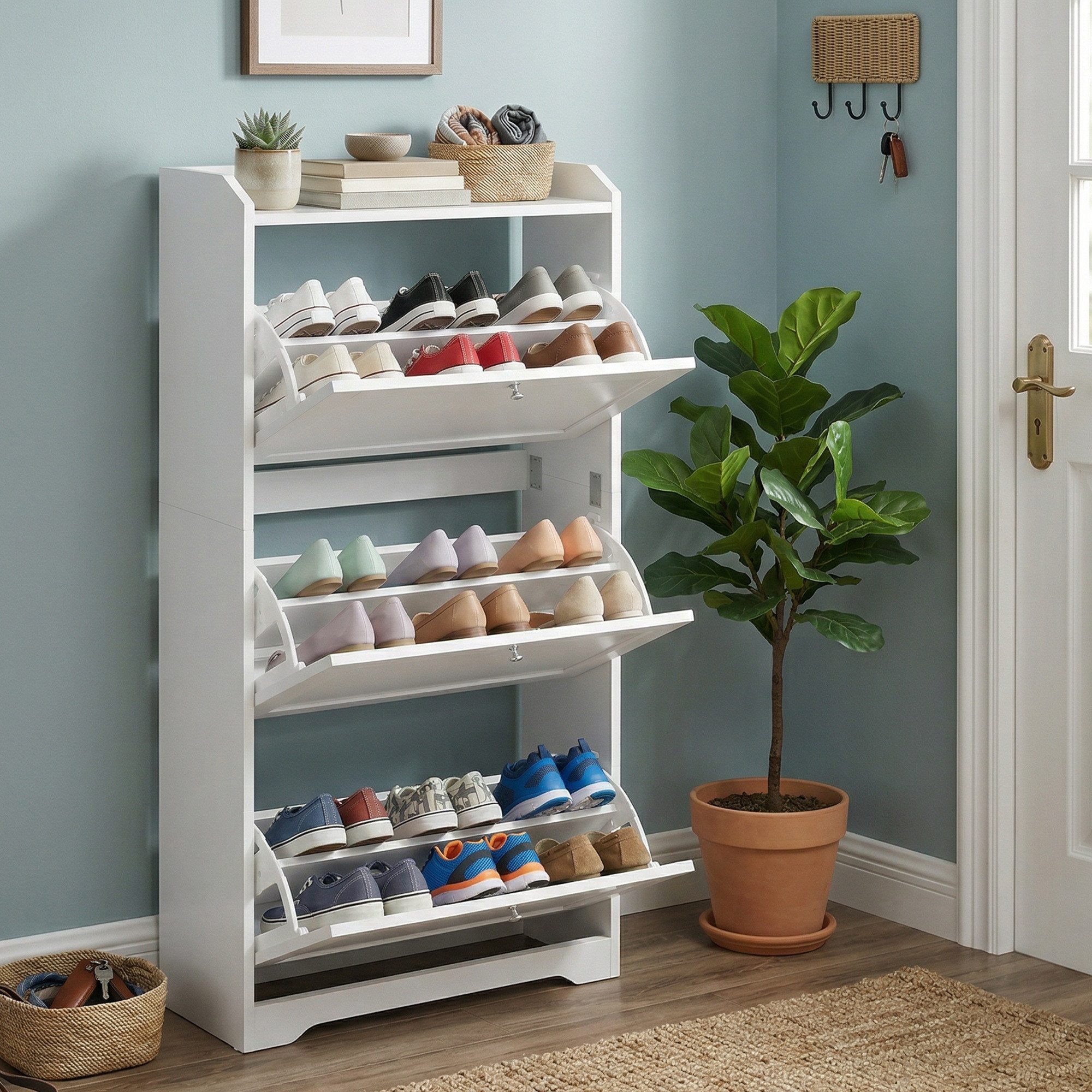 VASAGLE Schuhschrank 3 Klappen, Schuhkipper, Schuhaufbewahrung, Flur, 24 x 60 x 121,2 cm Oberplatte, Trennwand verstellbar, für bis zu 12-20 Paar Schuhe, weiß