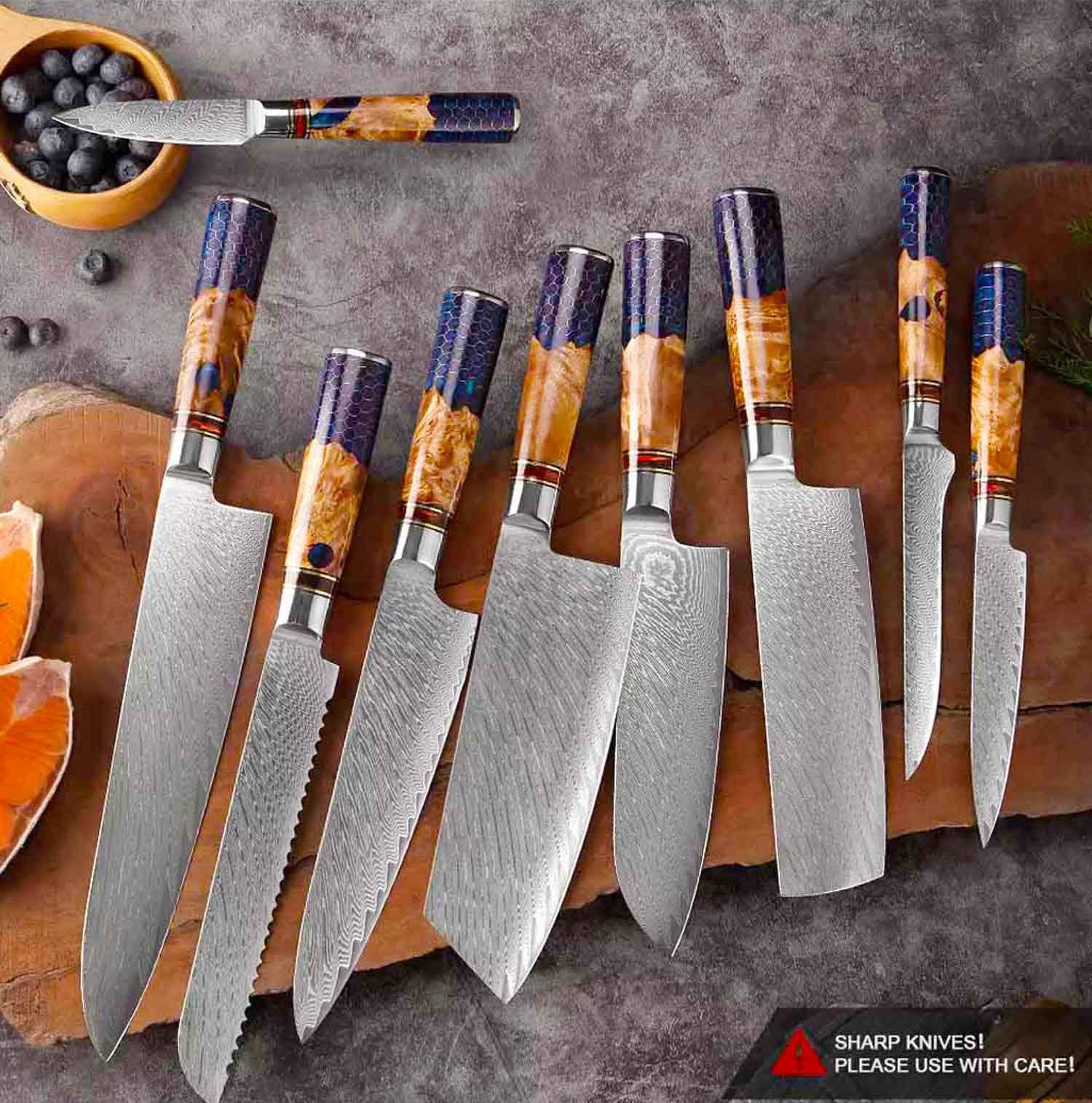 Muxel Allzweckmesser Damast Küchenmesser Set 9-tlg Extrem scharfe extrem schöne Kochmesser, Jedes Messer ist ein Unikat | Spickmesser