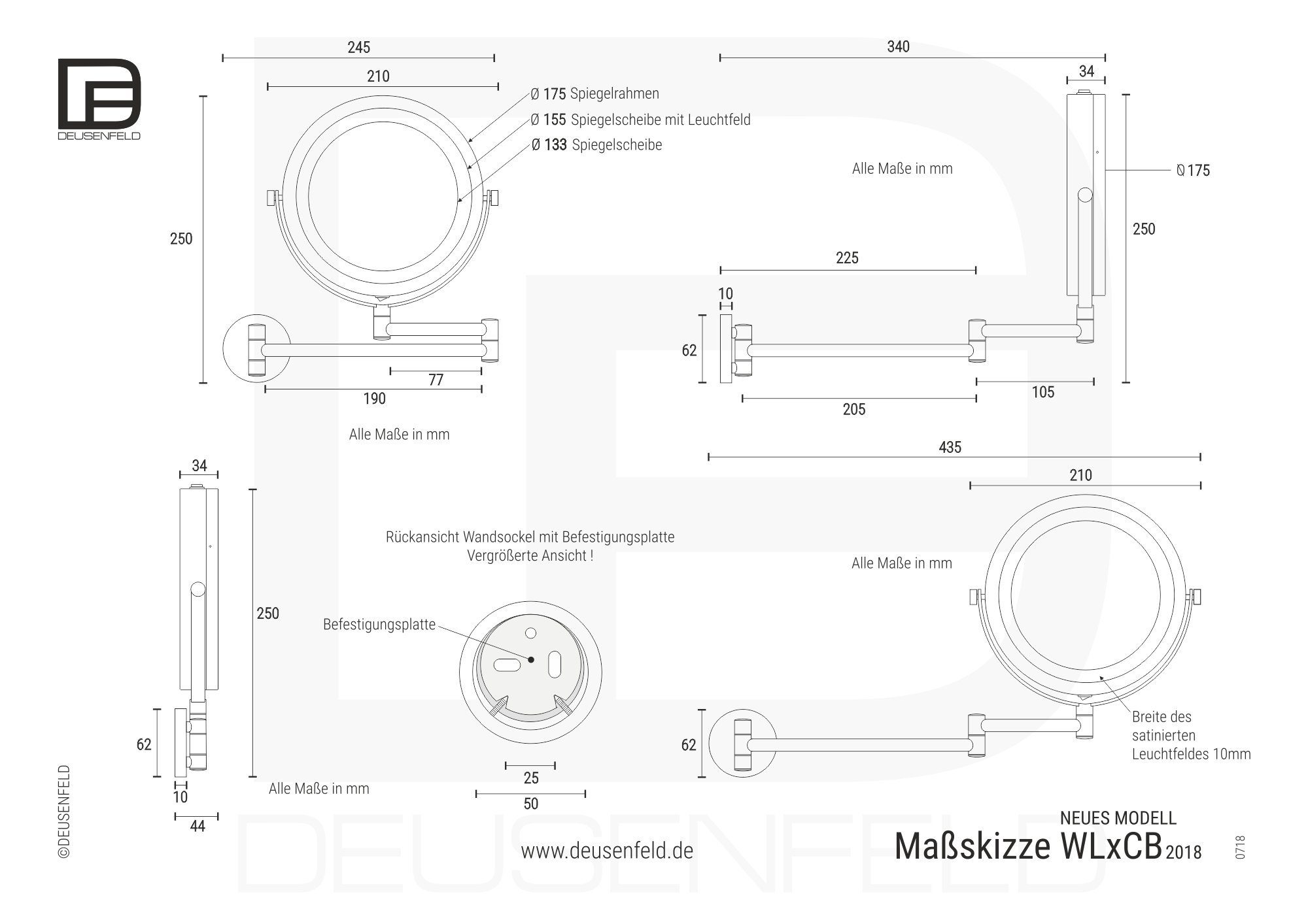 DEUSENFELD Kosmetikspiegel Batterie LED Doppel Wand Kosmetikspiegel WL10CB, LED Beleuchtung, 10x-Vergrößerung + Normal, für 4xAAA Batterien