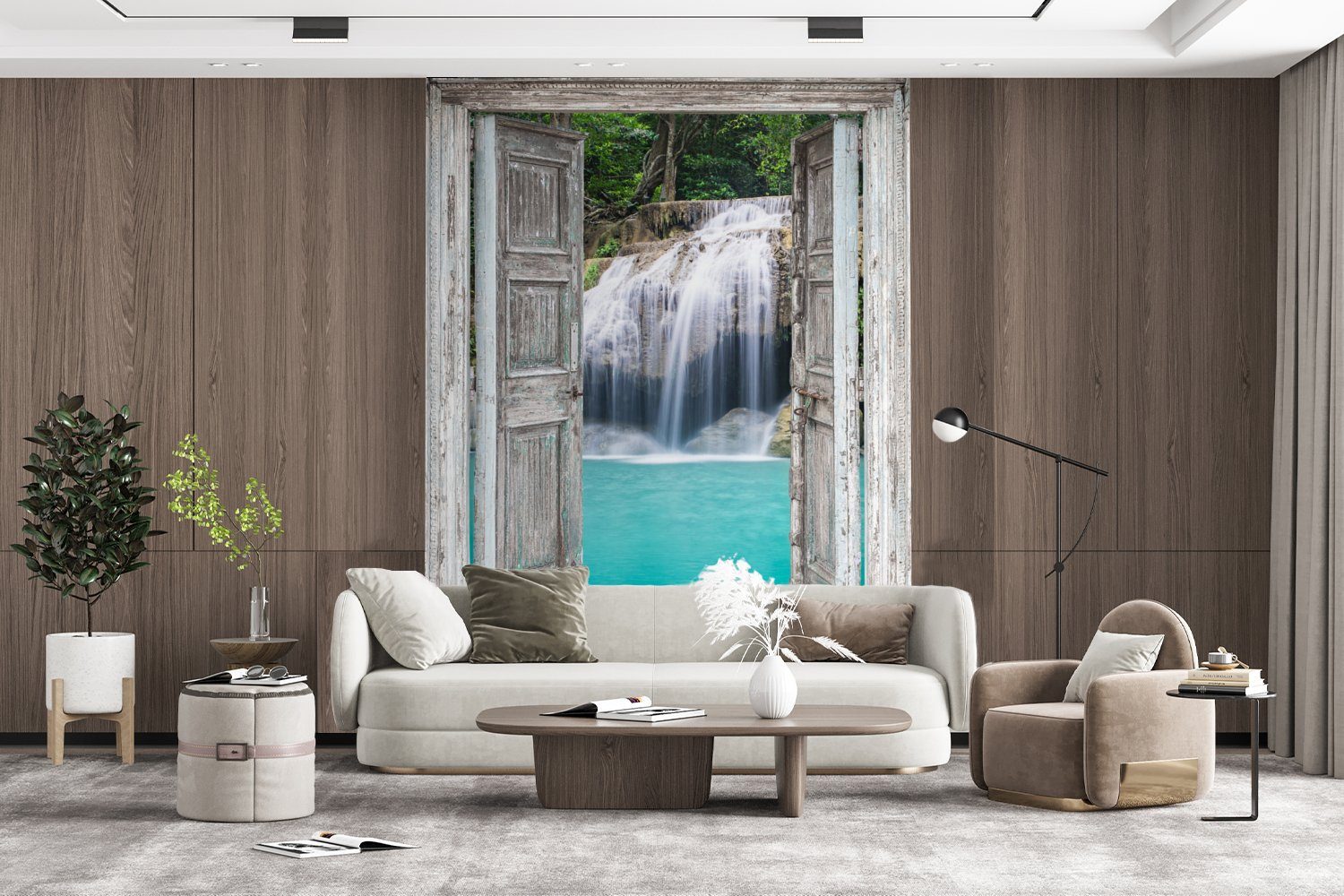 Wohnzimmer, Vinyl Landschaft, (4 Matt, Montagefertig Wasserfall Natur St), MuchoWow - für bedruckt, - Wandtapete Fototapete Tapete - Aussicht