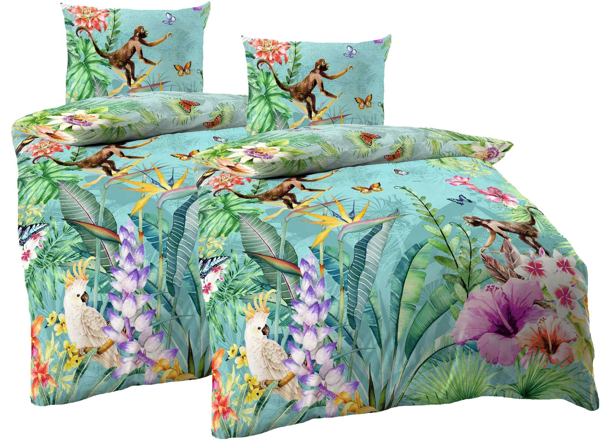 JACK Bettwäsche JACK by Kaeppel Mako Satin 4tlg. Digitaldruck Bettwäsche Äffchen Bunt, Satin, 4 teilig, Partnerbettwäsche, freundliches Urwaldmotiv