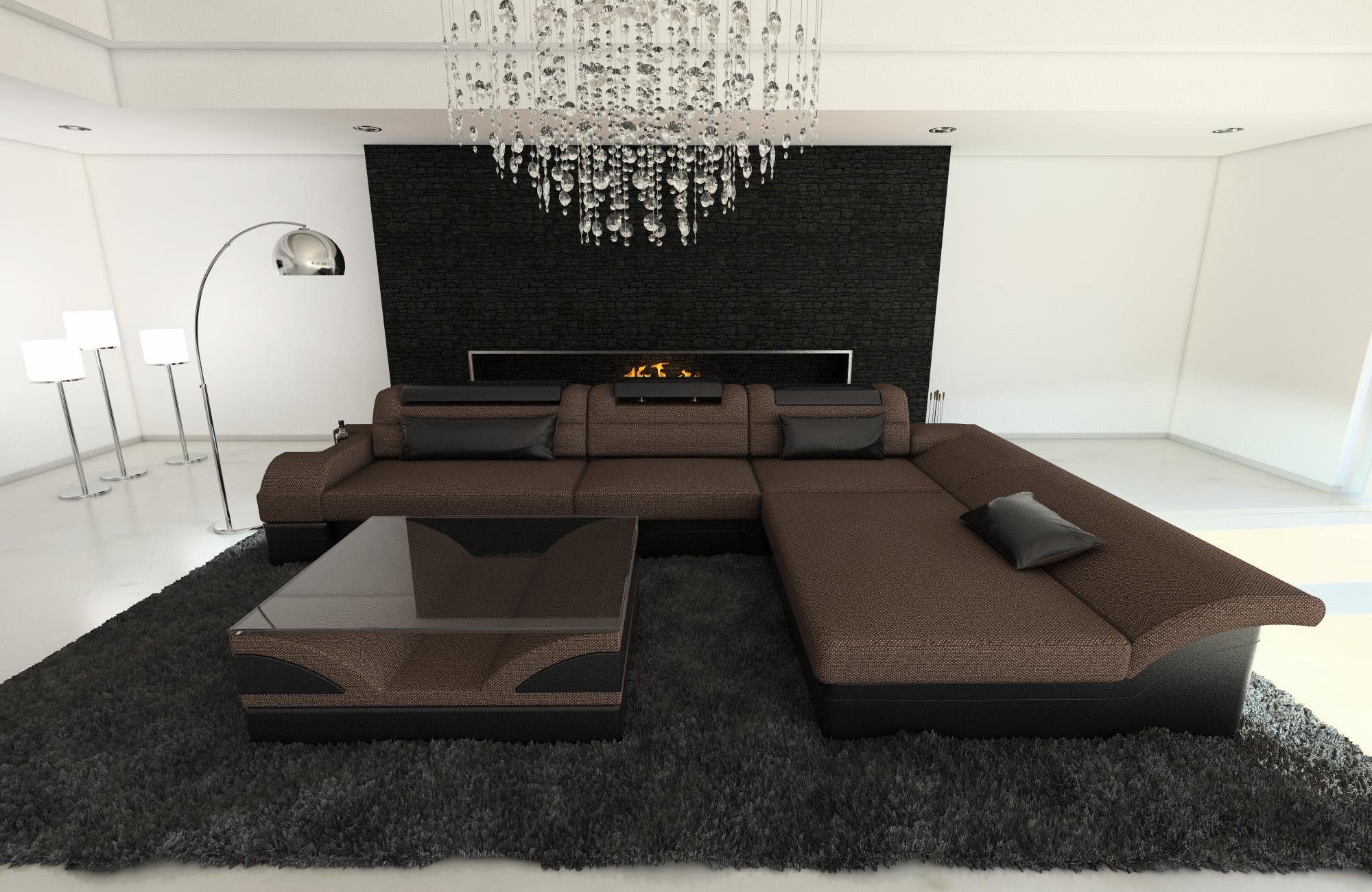 Sofa Dreams L Ecksofa Stoff Monza Braun-Schwarz Polstersofa Form, LED, ausziehbare Stoffsofa Designersofa Couch H8 mit Bettfunktion