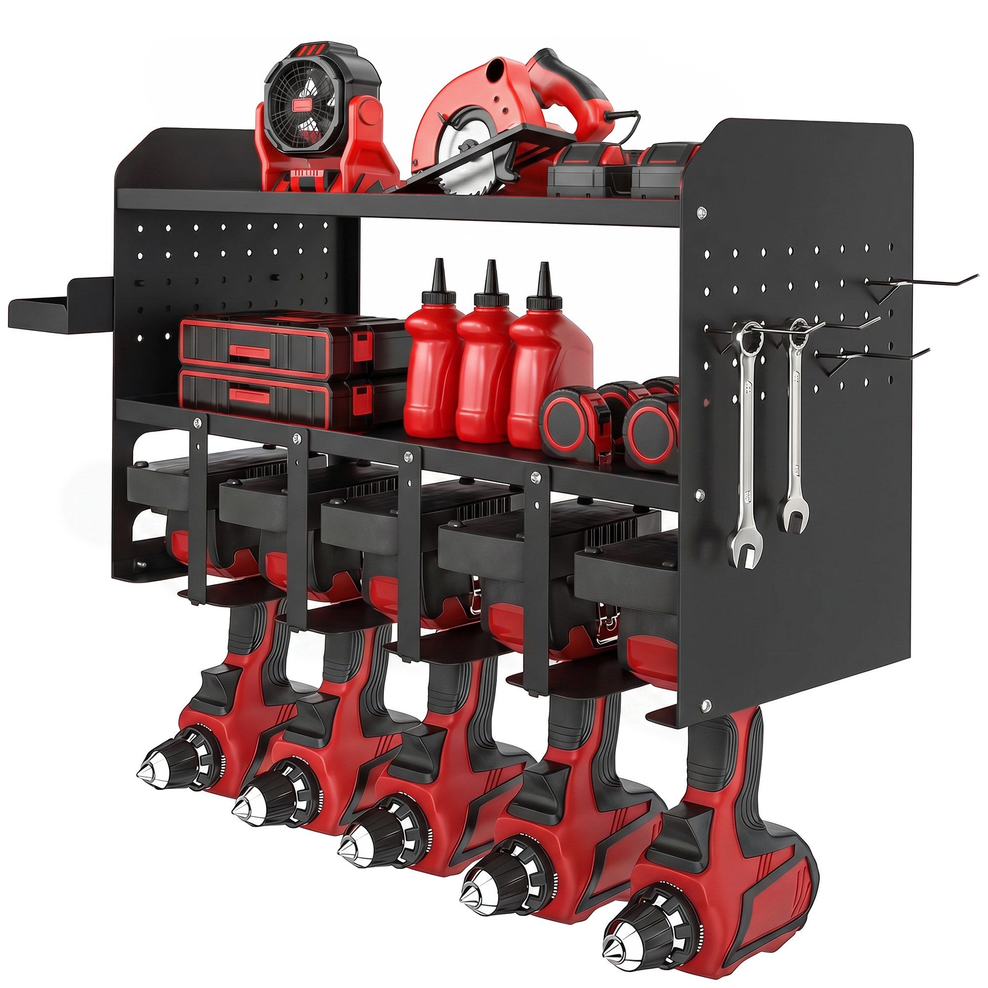 ibettertec Gartengerätehalter Gartenwerkzeug-Organizer 2-stufig, Gartengeräte Ständer mit Haken, (Seitenfach, bis 50 kg, 61,8x23x32,7 cm, Schwarz, (nur das Gestell enthalten)