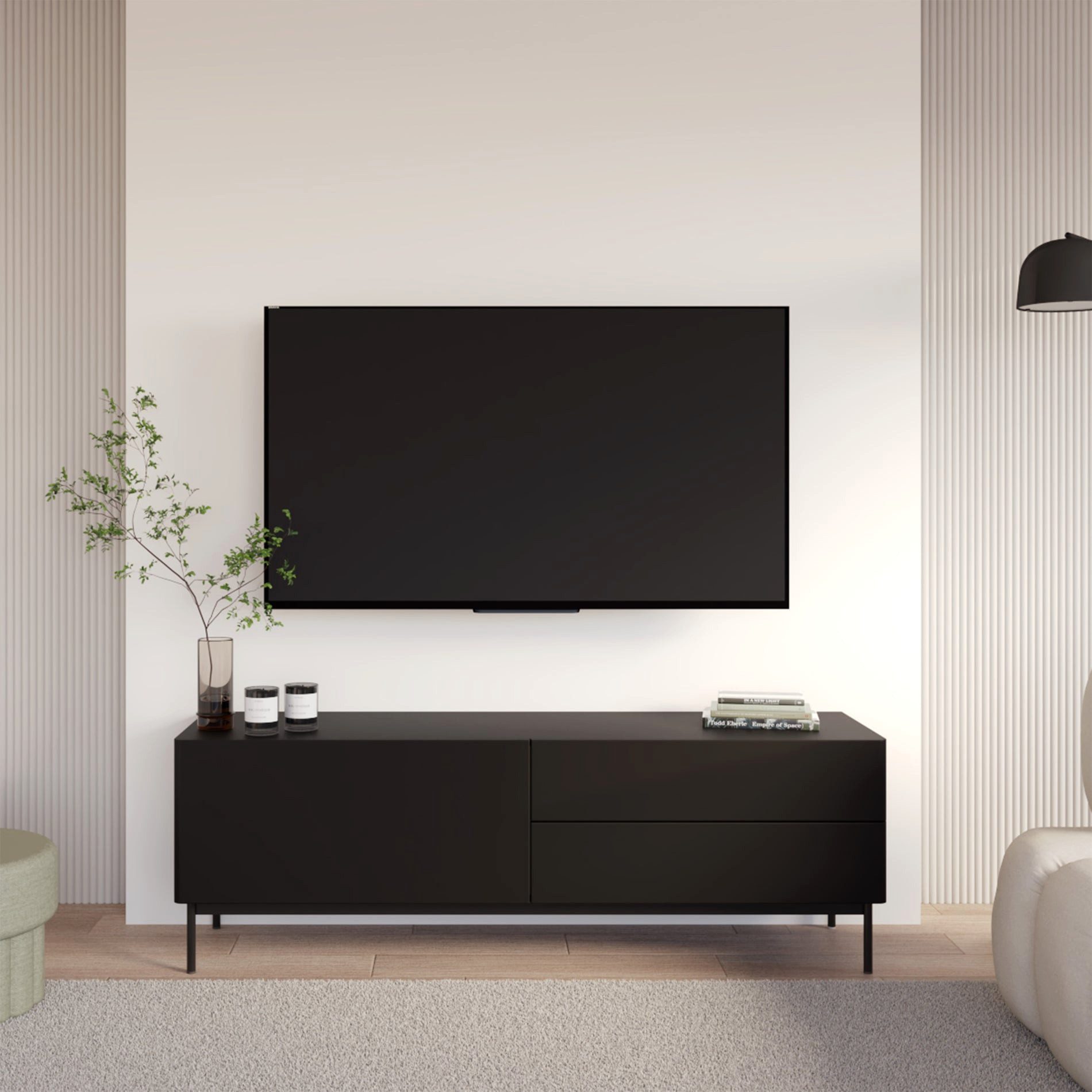 Selsey TV-Schrank OLIO TV-Lowboard Olio mit einer Klappe und zwei Schubladen 160 cm Schwarz