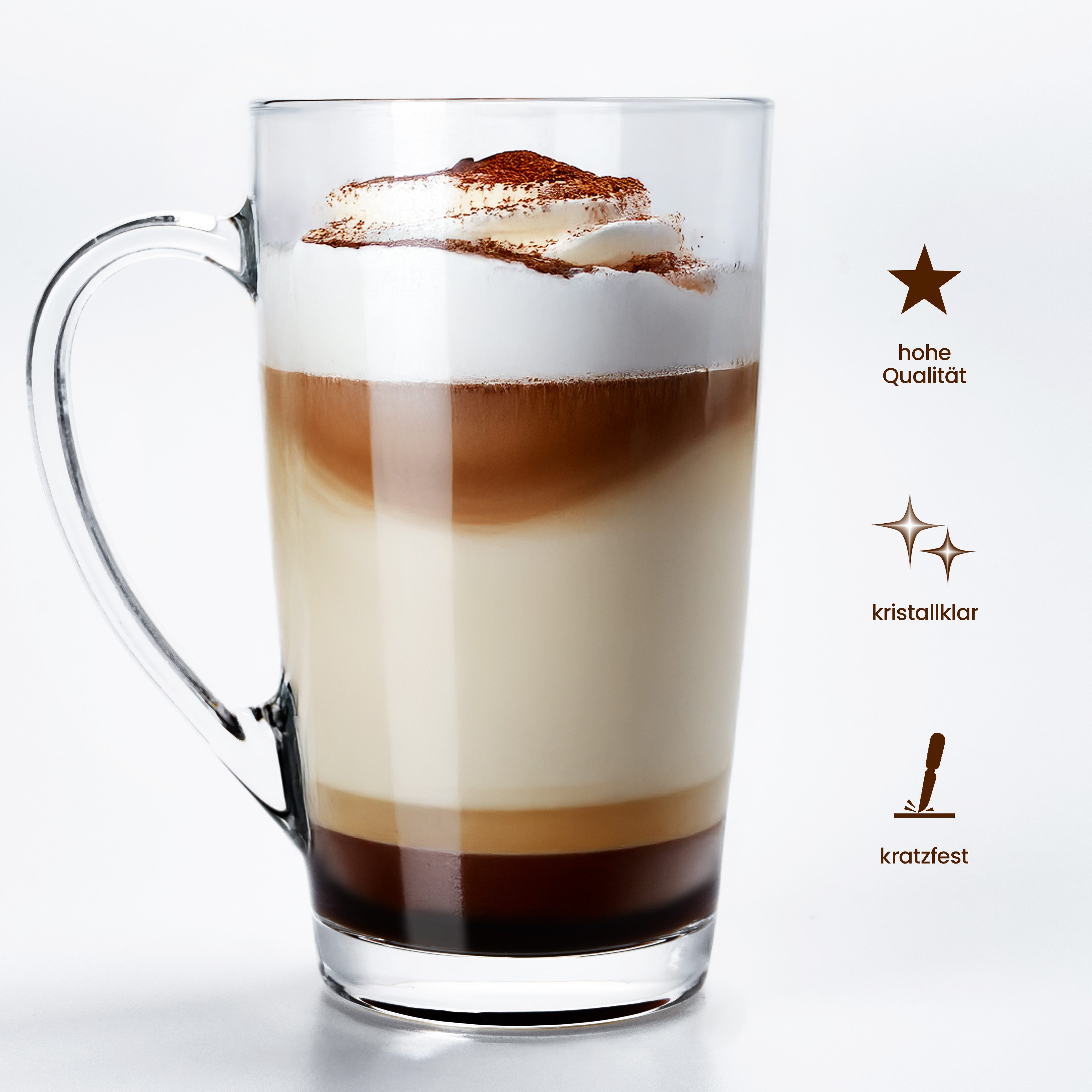 KONZEPT Latte-Macchiato-Tasse Latte Macchiato Gläser Set mit Henkel, Set Kaffeegläser 350 ml, 6-tlg., 6/12-er Set aus transparentem Glas