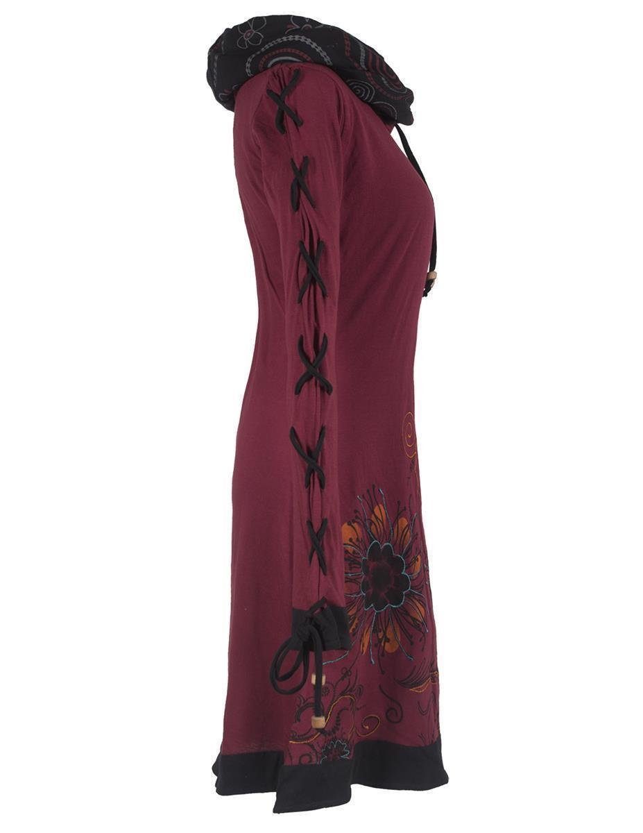 Vishes Midikleid Bedrucktes Blumen Style Ethno, - mit Schalkragen Hippi, Boho, Schnüren dunkelrot Kleid Goa