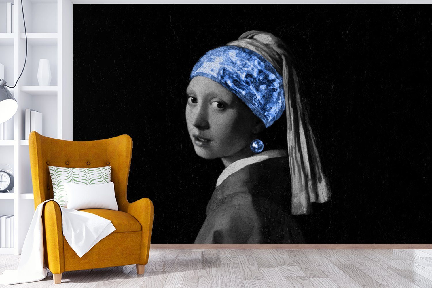 Blau, MuchoWow einem Mädchen Schlafzimmer, mit Vermeer Perlenohrring St), bedruckt, - - (6 für Wohnzimmer, Matt, Fototapete Tapete Wallpaper Vinyl Kinderzimmer,