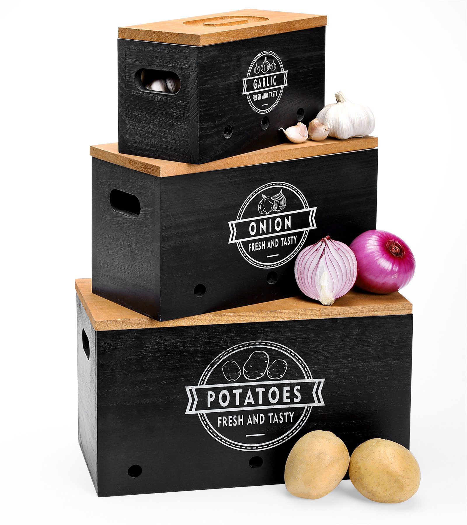 Yorbay Vorratsdose 3er Set Kartoffel Aufbewahrungsbox, Zwiebel Kartoffel Knoblauch, (Aufbewahrung Mit Deckel, aus Holz, Schwarz oder Weiß), Vorratsbehälter für Kartoffeln, Zwiebeln, Knoblauch, Gemüse, Früchte