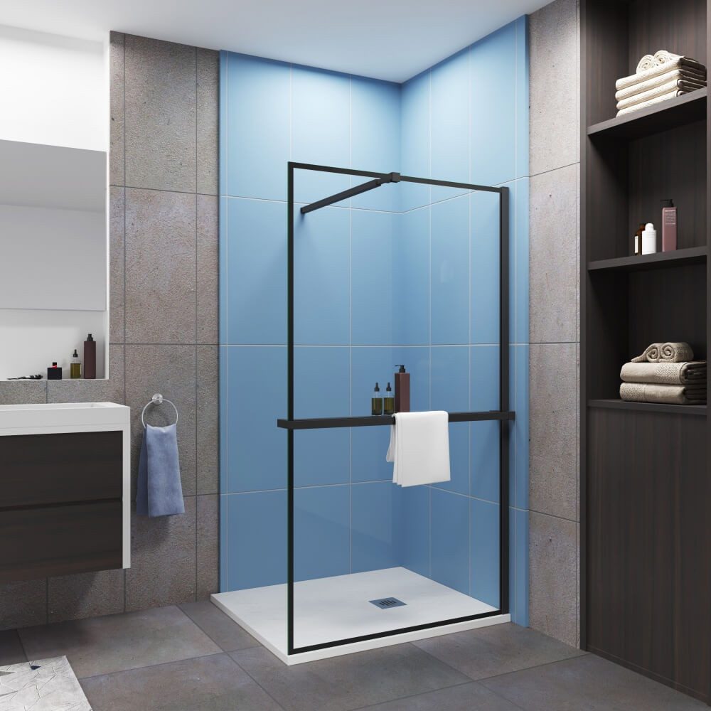 Duschparadies Walk-in-Dusche 200cm 8mm ESG Handtuchhalter schwarz Duschwand Duschabtrennung, Einscheibensicherheitsglas