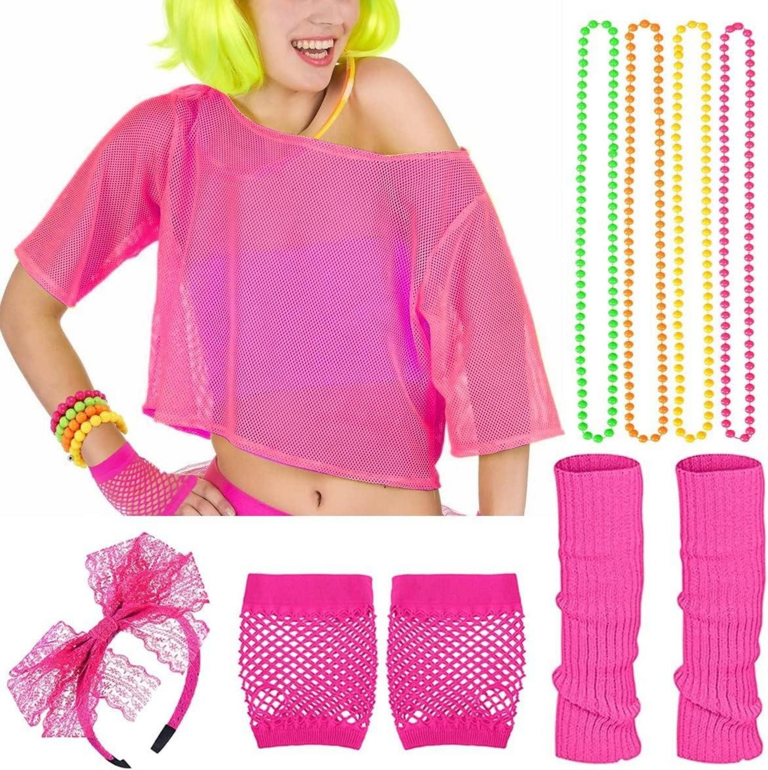 Hängedekoration Neon 80er Jahre Outfit Accessoires Set 10-teilig Neon Shirt Haarreif
