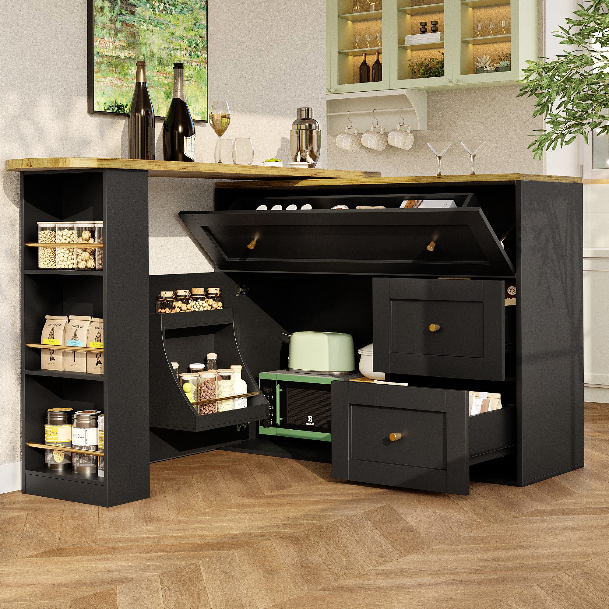 Flieks Bartisch 360° drehbar Stehtisch Kommode mit Schubladen, Türablage und Klappen (Länge 138-204/T39/H105 cm, 2-St., 2er Set), schwenkbar Küchenschrank Sideboard mit Tisch und Stauraum Kücheninsel