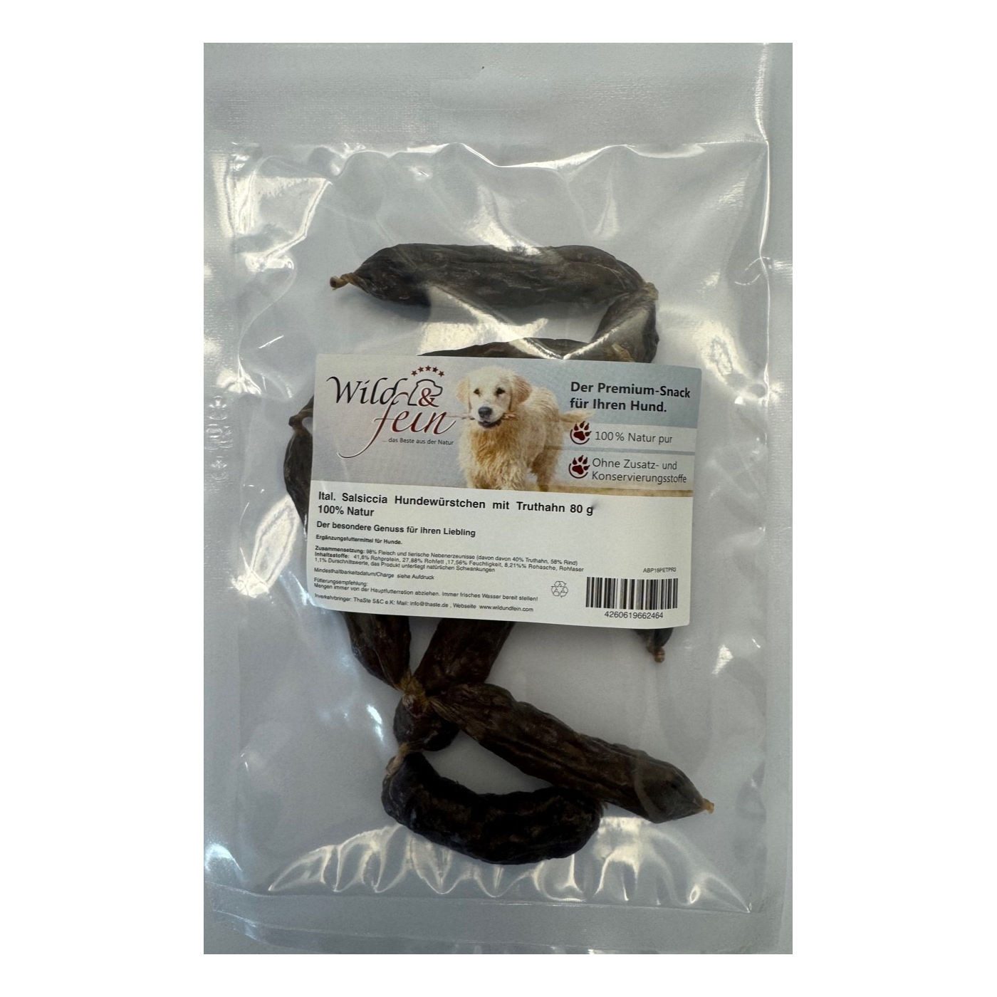 Wild & Fein italienische Salsiccia Hundewürstchen mit Truthahn, 80 g