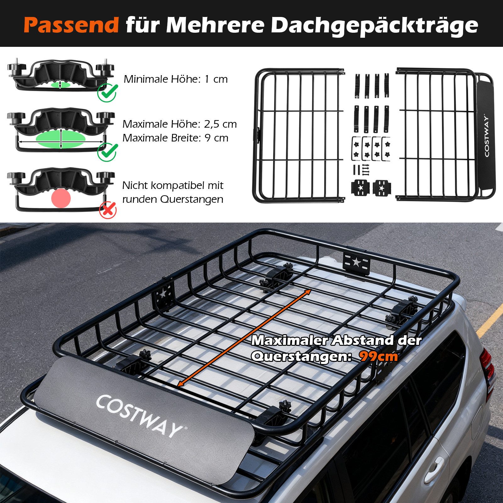 COSTWAY Dachbox, 425 L bis 90kg, mit Dachträger Schloss Türhaken Tragetasche