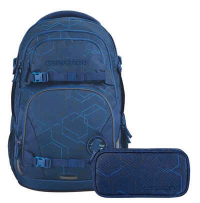coocazoo Schulranzen Schulrucksack-Set PORTER Blue Motion 2-teilig (Rucksack, Mäppchen), ergonomisch, Körpergröße: 135 - 180 cm, reflektiert