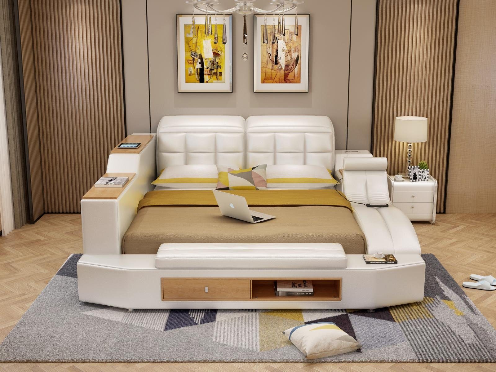 JVmoebel Bett Design Leder Betten Hotel Doppel Multifunktions Bett Bluetooth Weiß