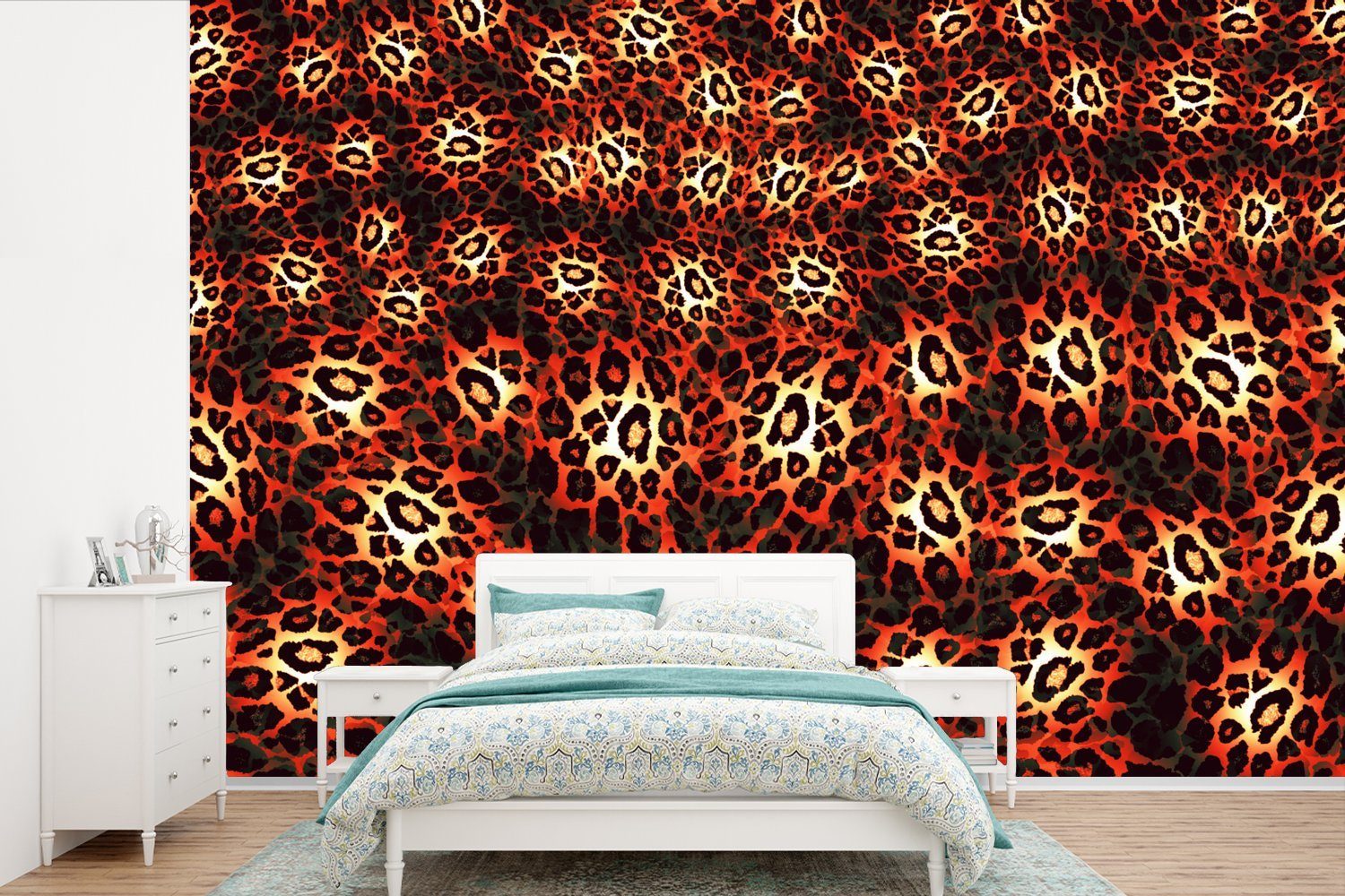 MuchoWow Fototapete Leopardenmuster - Design Vinyl Schlafzimmer, bedruckt, Wohnzimmer, (6 Tapete für Orange, - Kinderzimmer, Matt, St), Wallpaper