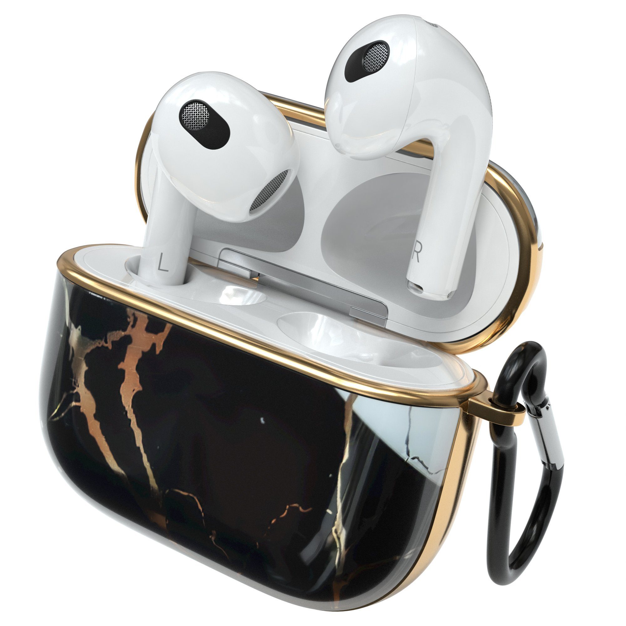 EAZY CASE Kopfhörer-Schutzhülle IMD Motiv Case kompatibel mit Apple AirPods 3, Box Cover Schutzhülle Fullcover Bumper mit Handschlaufe Schwarz / Gold