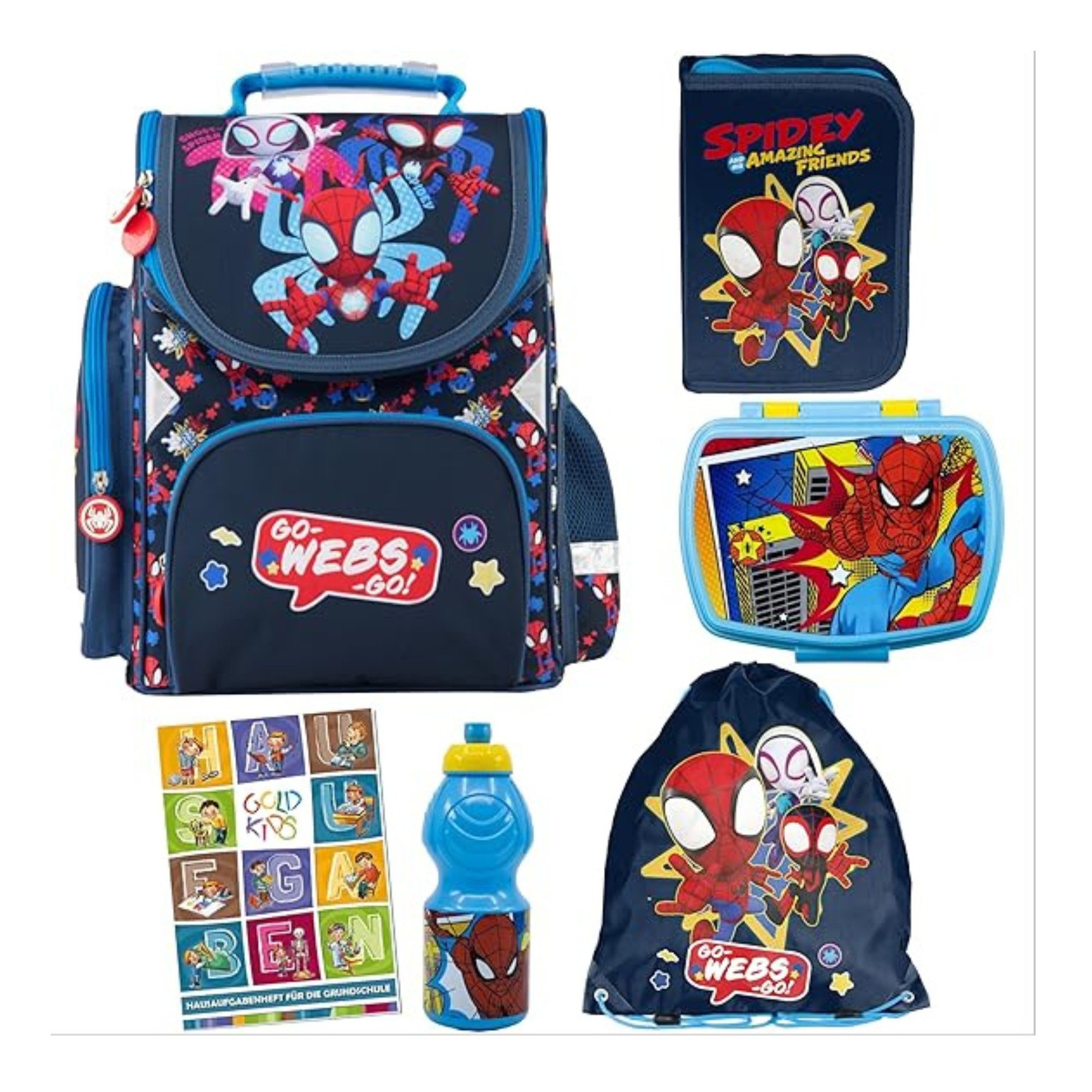 GOLDKIDS Ранці für Jungen und Mädchen - Schul-Rucksack (für Kinder mit Federmäppchen, 1-tlg., - Schuhbeutel und Hausaufgabenheft), - Spiderman Motiv - 1-3 Klasse
