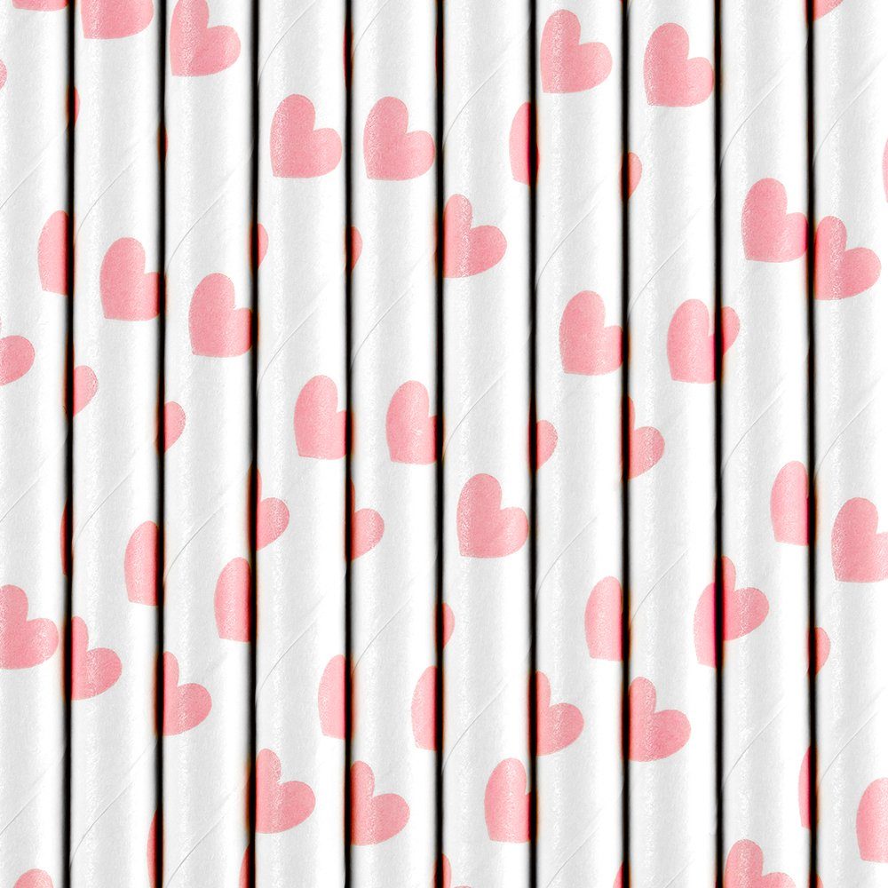 partydeco Trinkhalme, Papierstrohhalme mit Herzen 19cm weiß rosa 10er Set